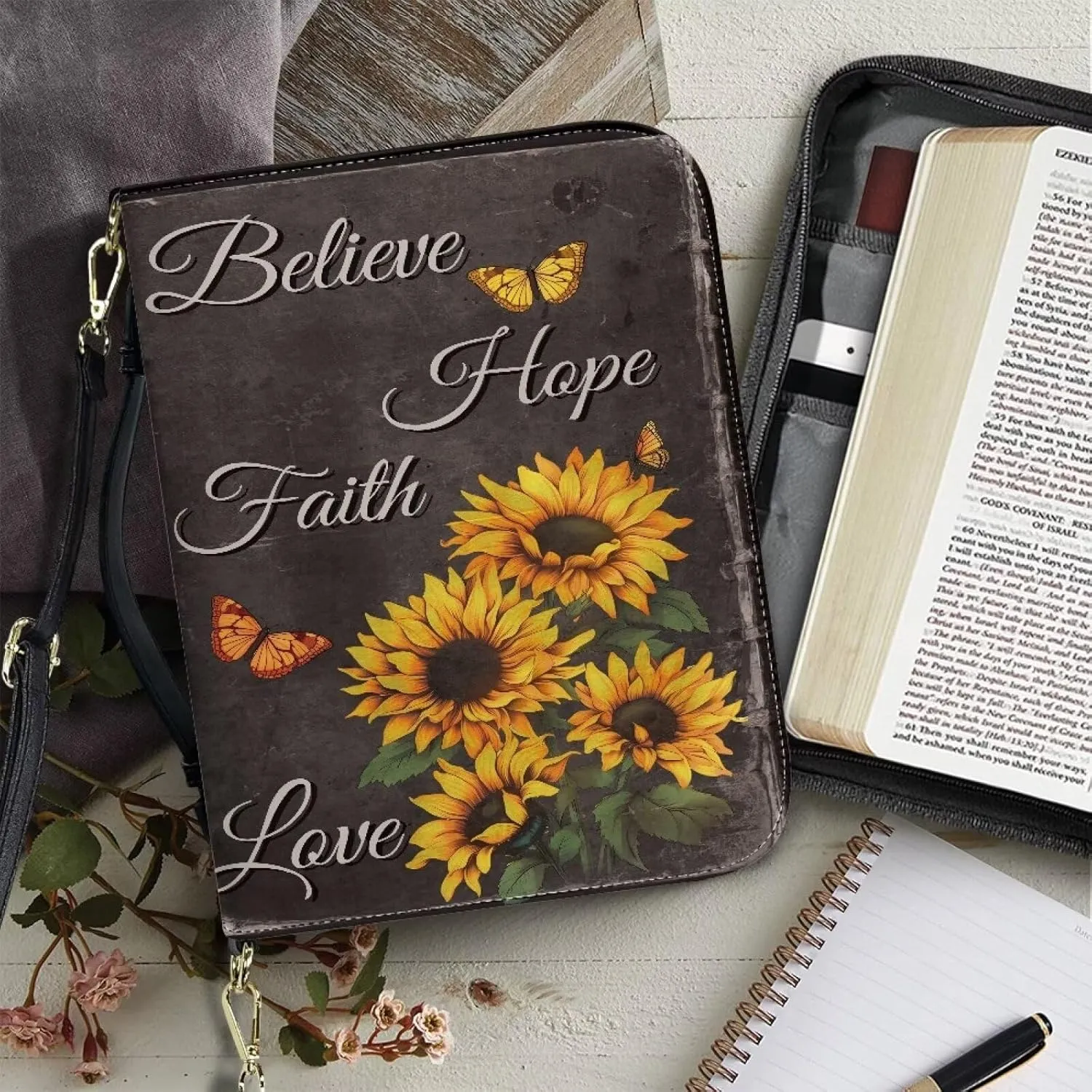Suobstales Sunflower Butterfly Pattern Bible Covers for Women Men Believe Hope Faith Love Bible Carrying Case Book Bag and Tote with Shoulder Strap, PU Leather Scripture Bag Bible Accessories, 2XL