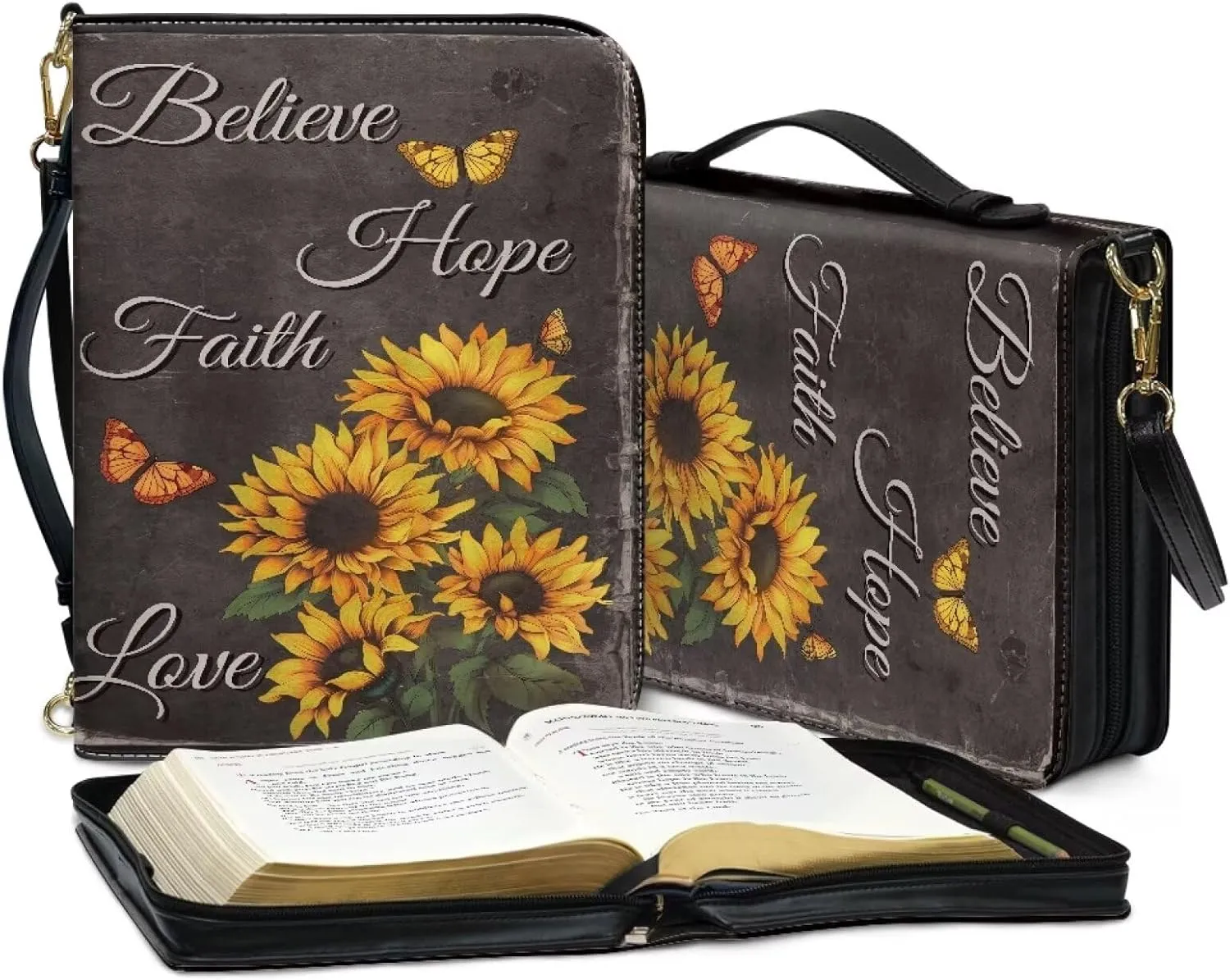Suobstales Sunflower Butterfly Pattern Bible Covers for Women Men Believe Hope Faith Love Bible Carrying Case Book Bag and Tote with Shoulder Strap, PU Leather Scripture Bag Bible Accessories, 2XL