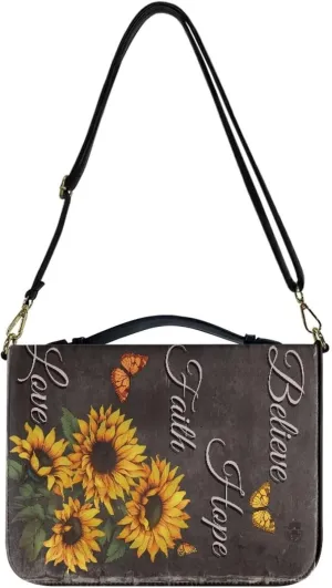 Suobstales Sunflower Butterfly Pattern Bible Covers for Women Men Believe Hope Faith Love Bible Carrying Case Book Bag and Tote with Shoulder Strap, PU Leather Scripture Bag Bible Accessories, 2XL
