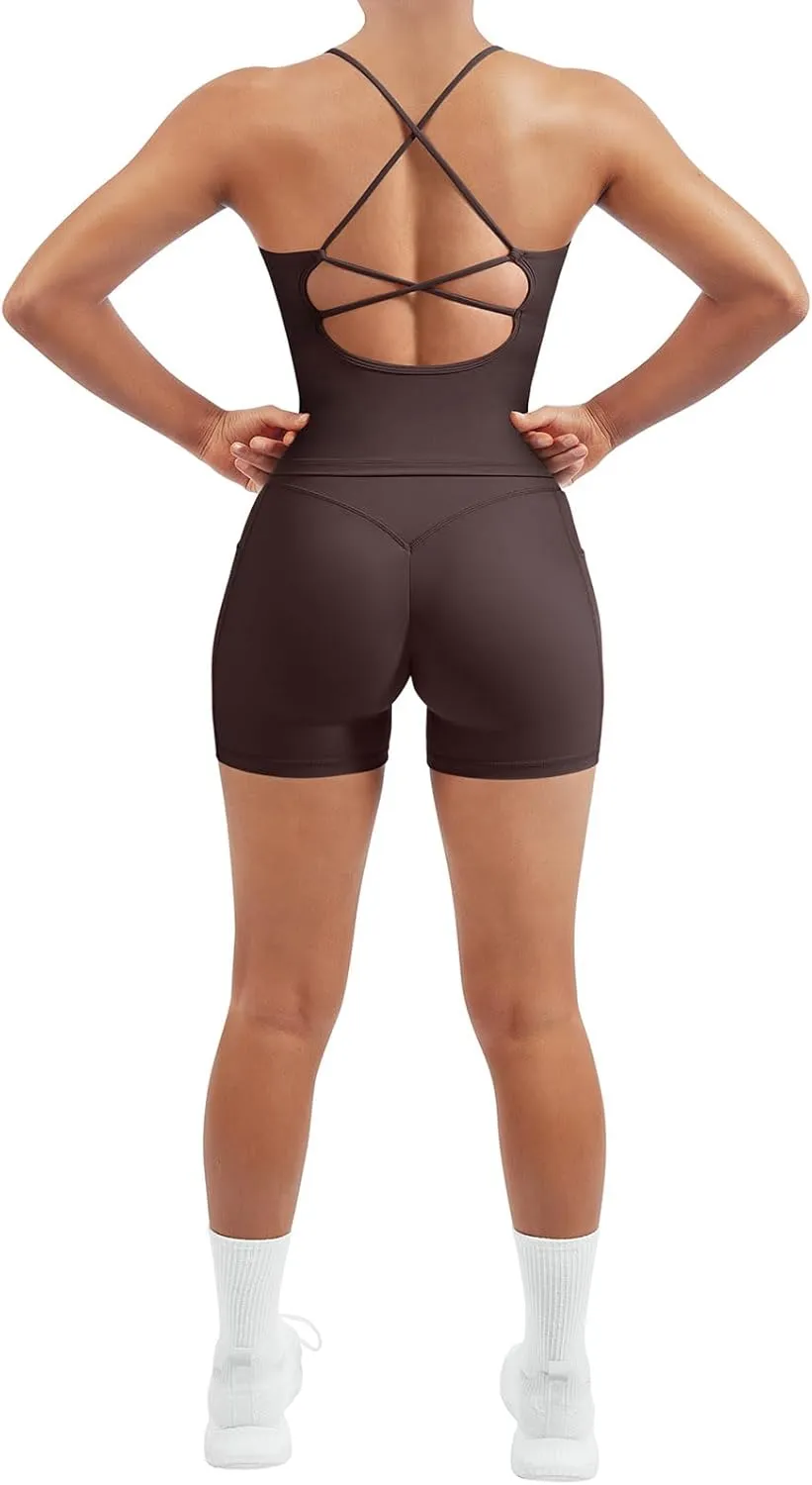 SUUKSESS Women 2 Piece Workout Sets Scrunch Butt Shorts with Pockets Padded Tank Tops