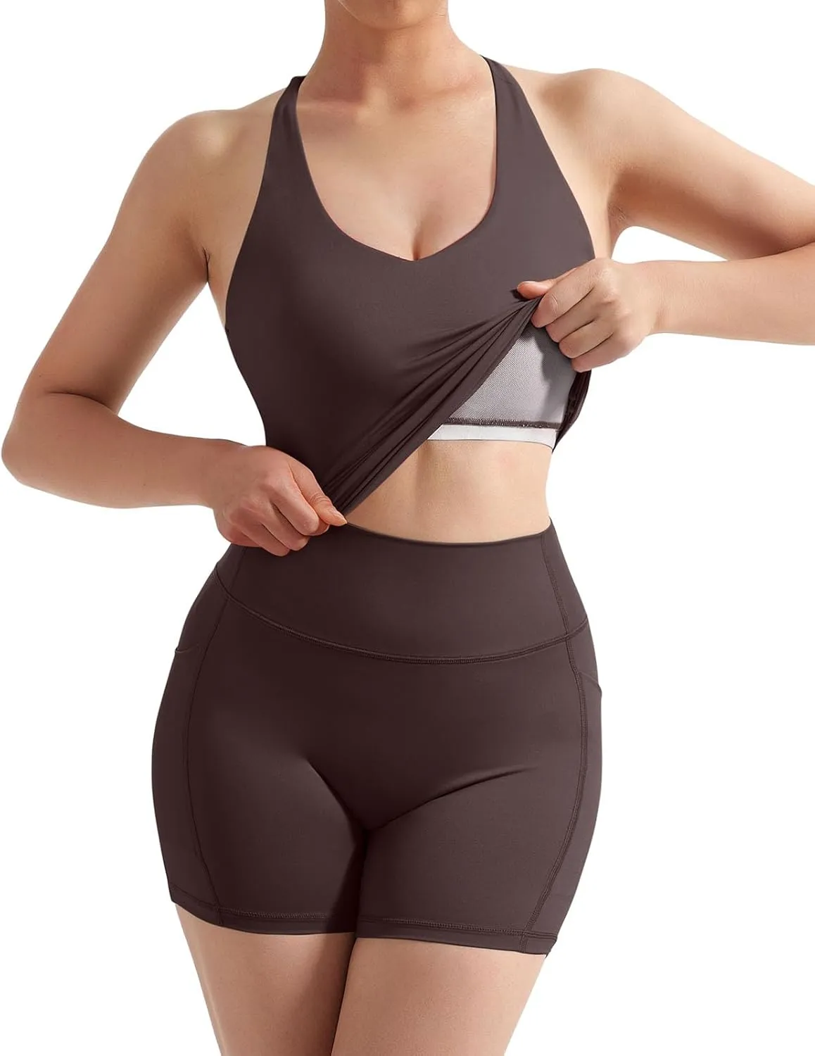 SUUKSESS Women 2 Piece Workout Sets Scrunch Butt Shorts with Pockets Padded Tank Tops