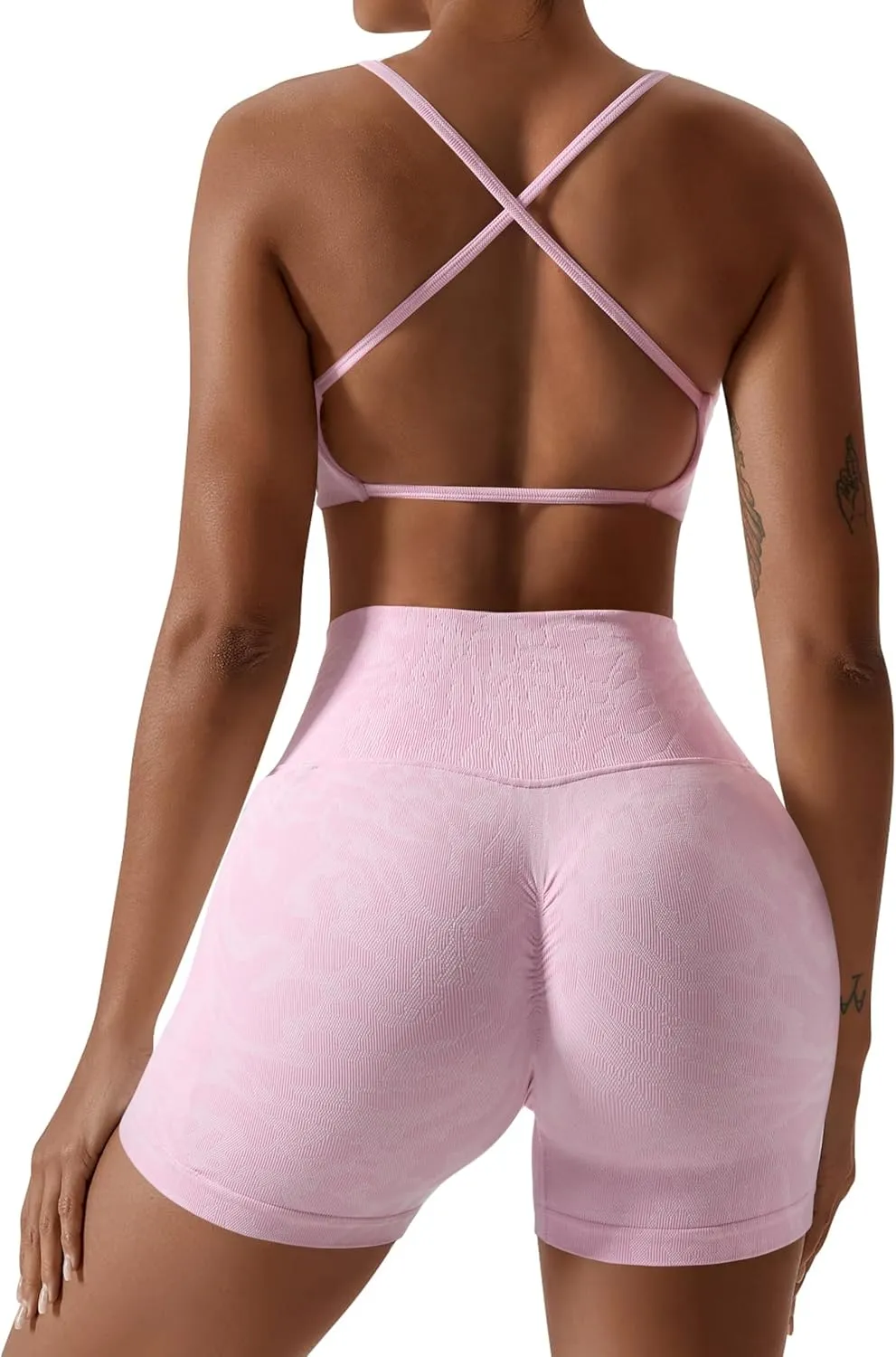 SUUKSESS Women 2 Piece Workout Sets with Pockets Seamless Strappy Sports Bra High Waist Booty Shorts Outfits