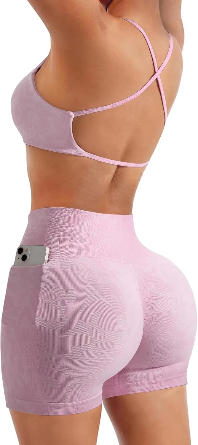 SUUKSESS Women 2 Piece Workout Sets with Pockets Seamless Strappy Sports Bra High Waist Booty Shorts Outfits