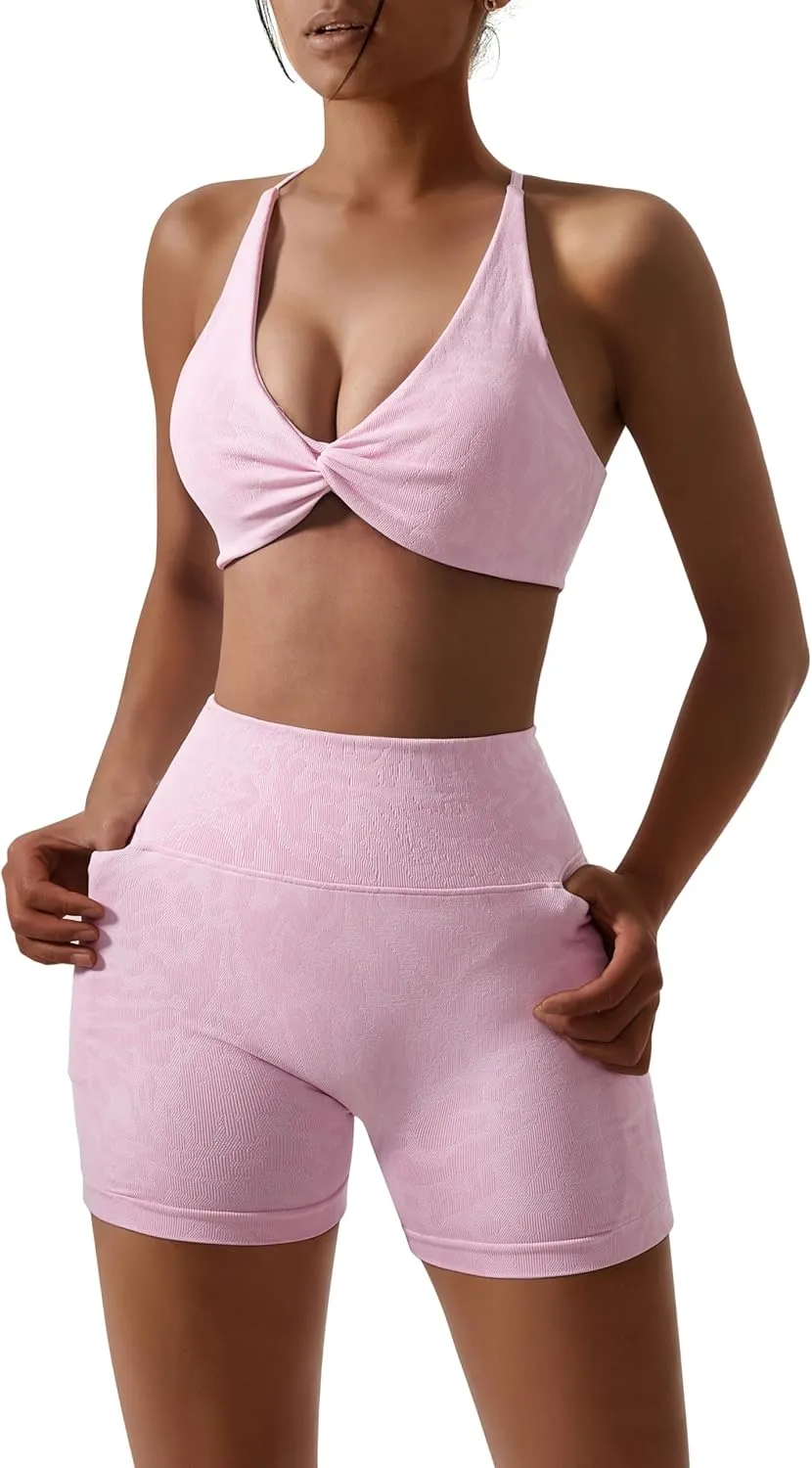 SUUKSESS Women 2 Piece Workout Sets with Pockets Seamless Strappy Sports Bra High Waist Booty Shorts Outfits