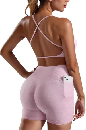 SUUKSESS Women 2 Piece Workout Sets with Pockets Seamless Strappy Sports Bra High Waist Booty Shorts Outfits