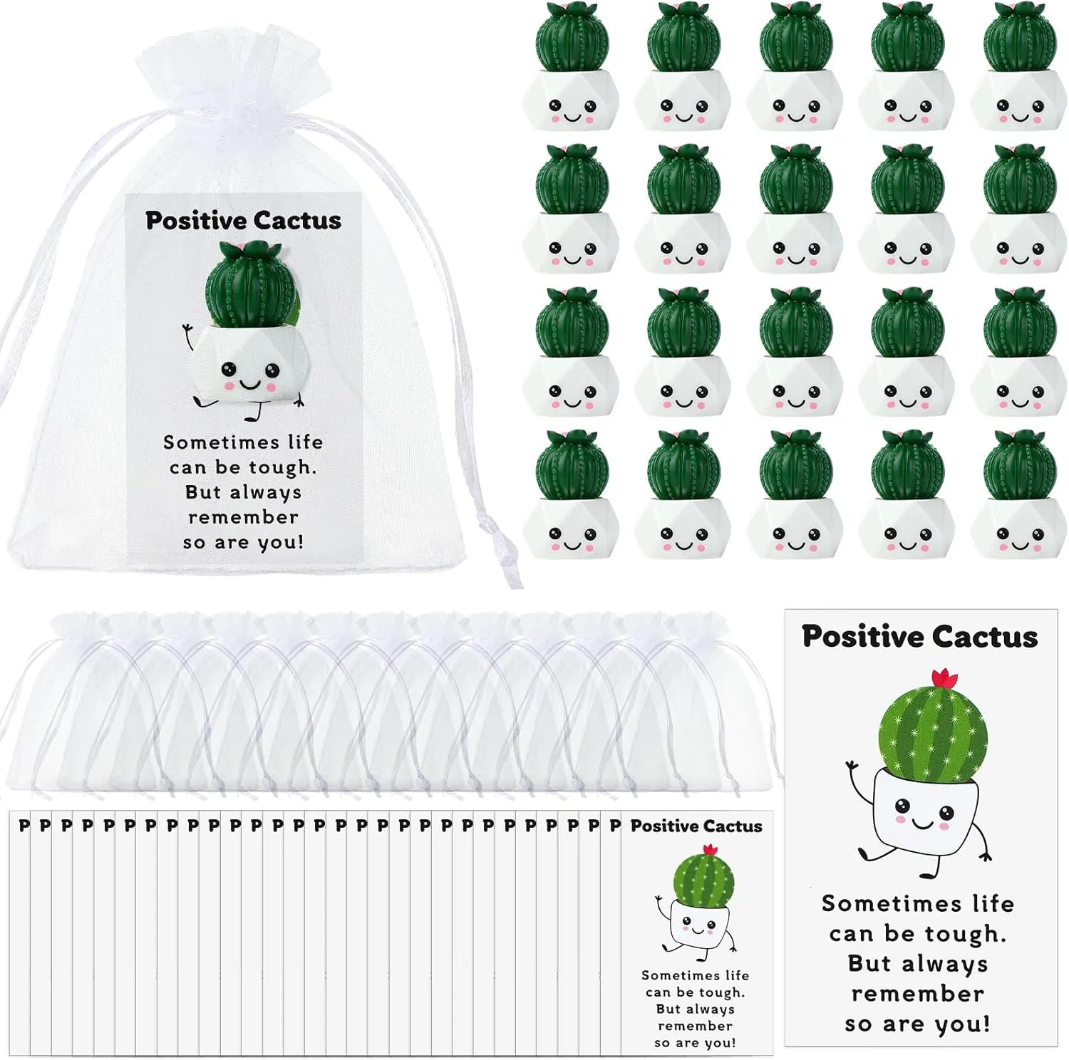 Suzile 20 Set Positive Gifts Include 20 Positive Cactus Cards 20 Cute Resin Cactus 20 Organza Bags Emotional Inspirational Gifts for Coworker Staff Back to School Student Teacher