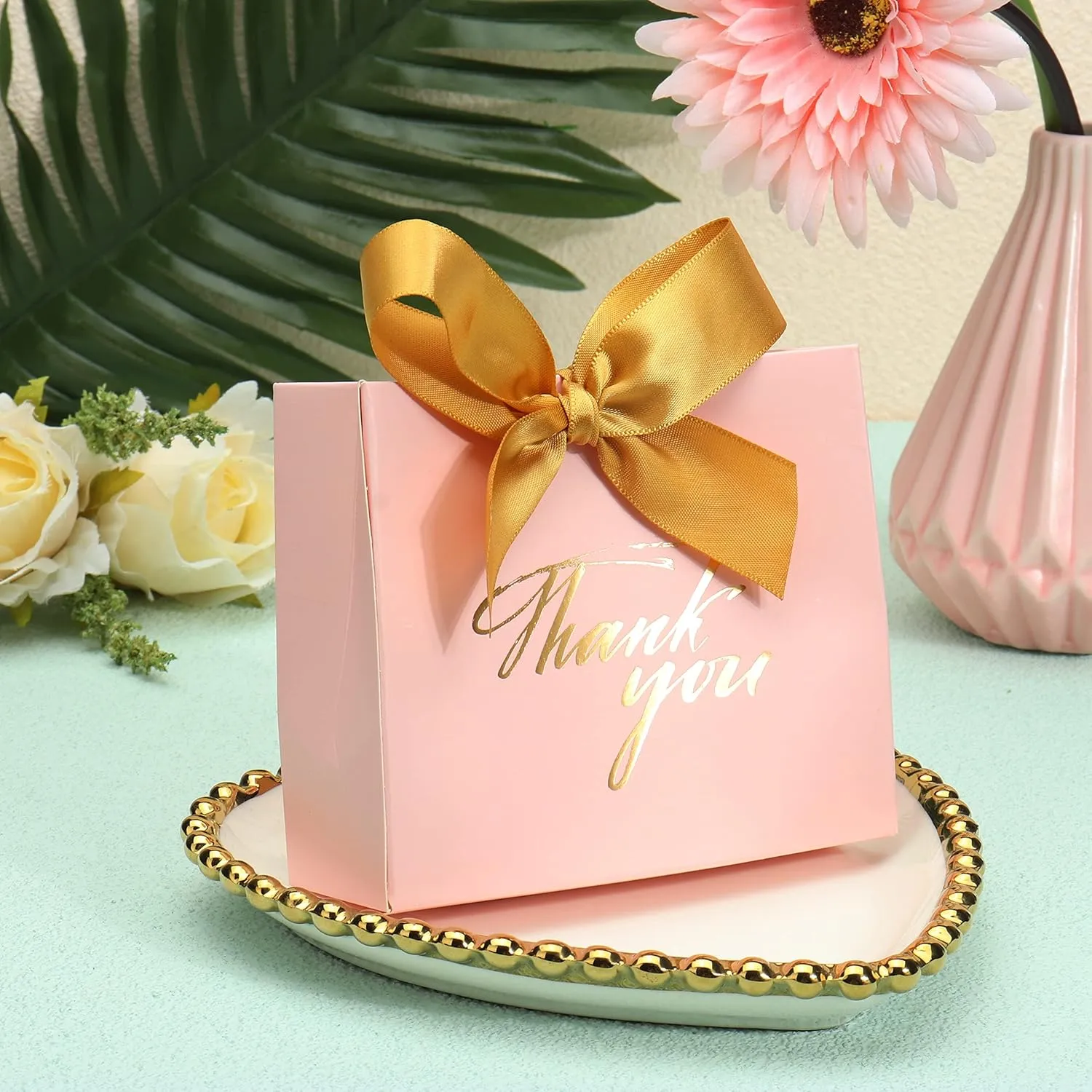 SWANGSA 20 Pack Small Thank You Gift Bags, Pink Party Favor Bags with Gold Bow Ribbon, 4.5x1.8x3.Inches, Paper Favor Bags for Wedding Birthday Baby Shower Party Bridesmaid Valentines Day