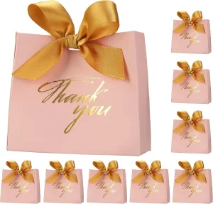 SWANGSA 20 Pack Small Thank You Gift Bags, Pink Party Favor Bags with Gold Bow Ribbon, 4.5x1.8x3.Inches, Paper Favor Bags for Wedding Birthday Baby Shower Party Bridesmaid Valentines Day