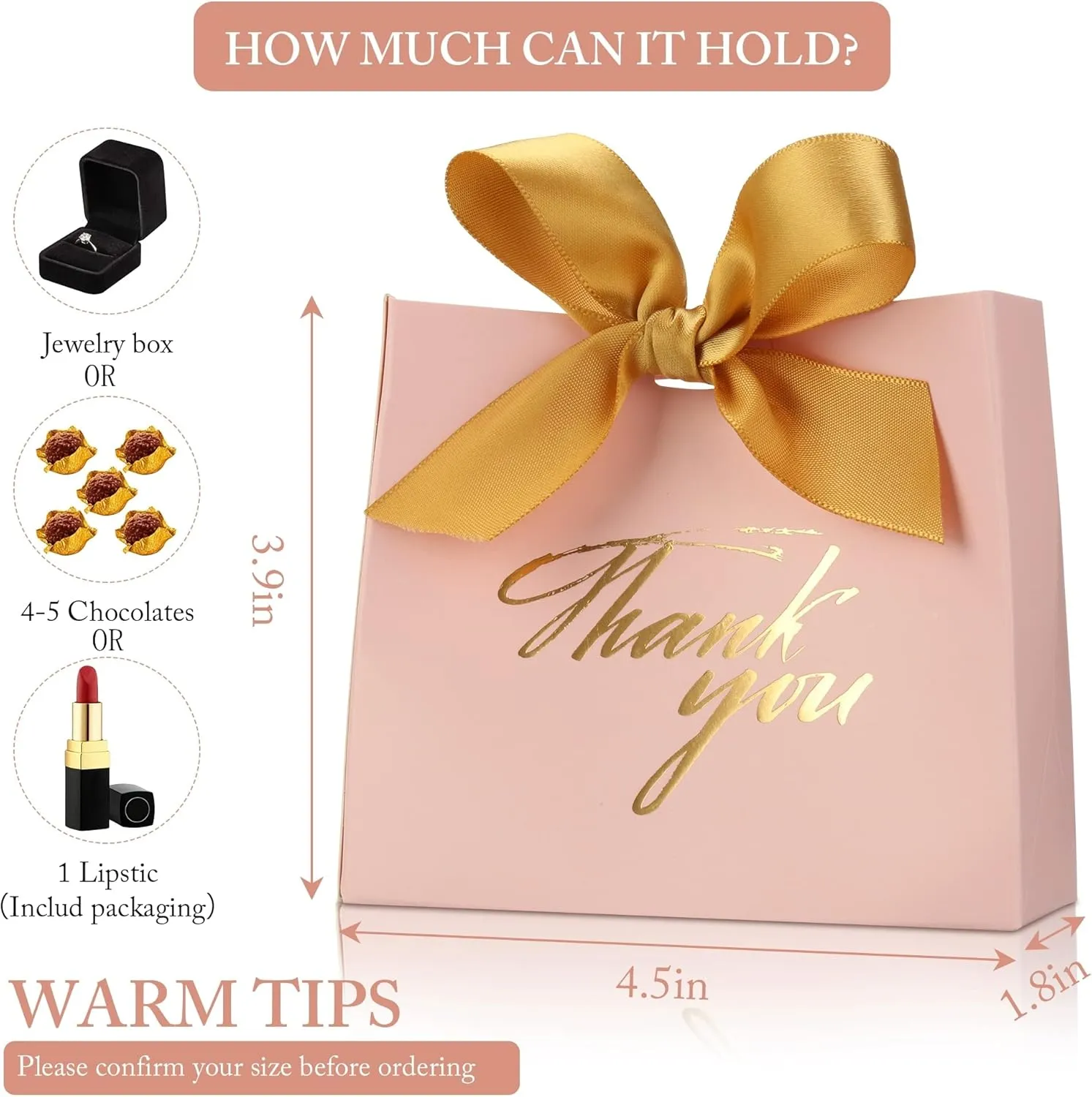 SWANGSA 20 Pack Small Thank You Gift Bags, Pink Party Favor Bags with Gold Bow Ribbon, 4.5x1.8x3.Inches, Paper Favor Bags for Wedding Birthday Baby Shower Party Bridesmaid Valentines Day