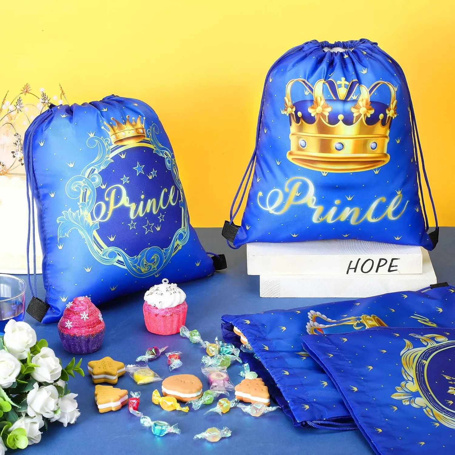 Sweetude 24 Pcs Prince Party Gifts Bags Prince Crown Blue Drawstring Bags Decoration Favor Storage for Boys Kids Birthday Wedding Party Decoration