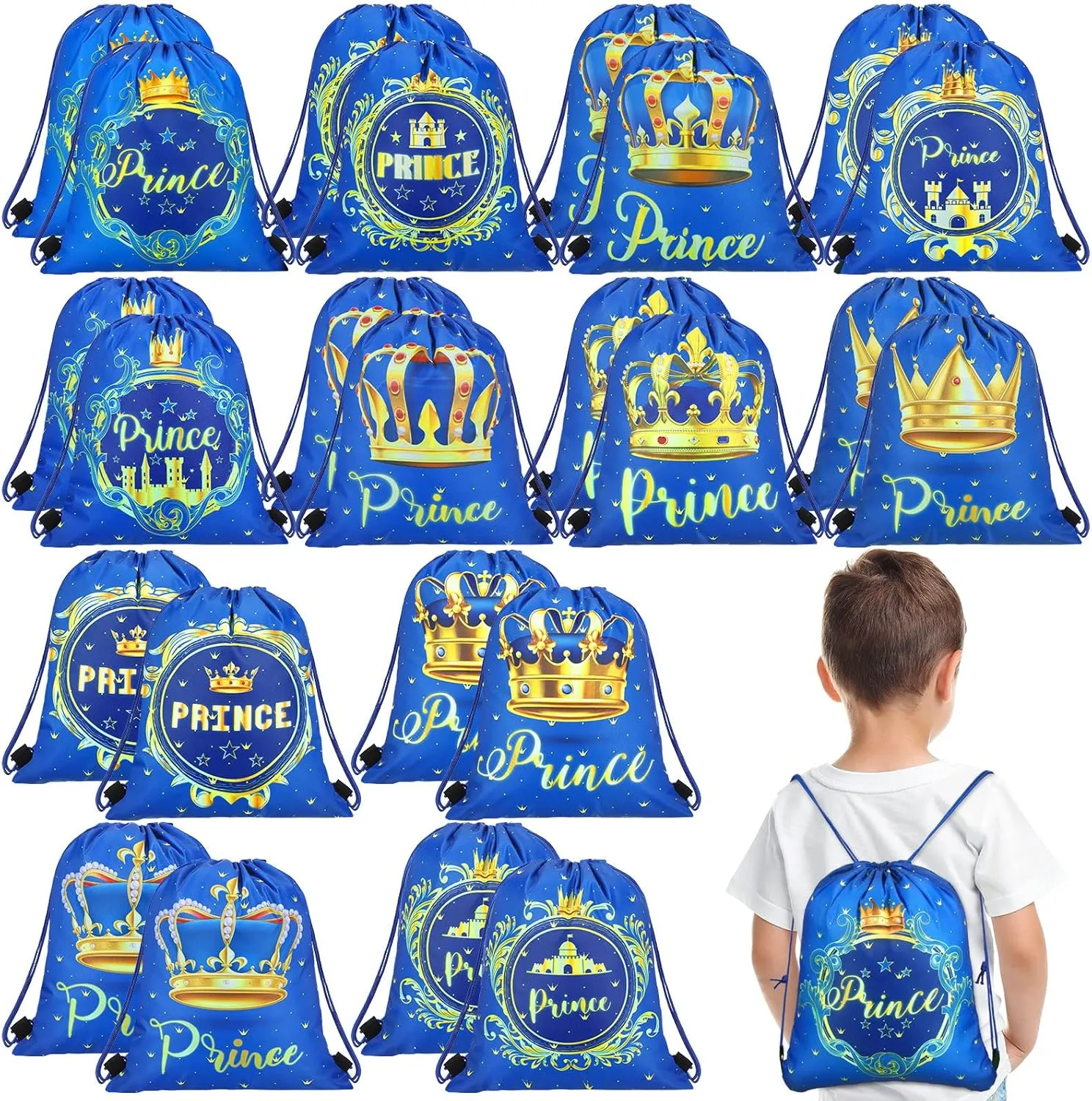 Sweetude 24 Pcs Prince Party Gifts Bags Prince Crown Blue Drawstring Bags Decoration Favor Storage for Boys Kids Birthday Wedding Party Decoration