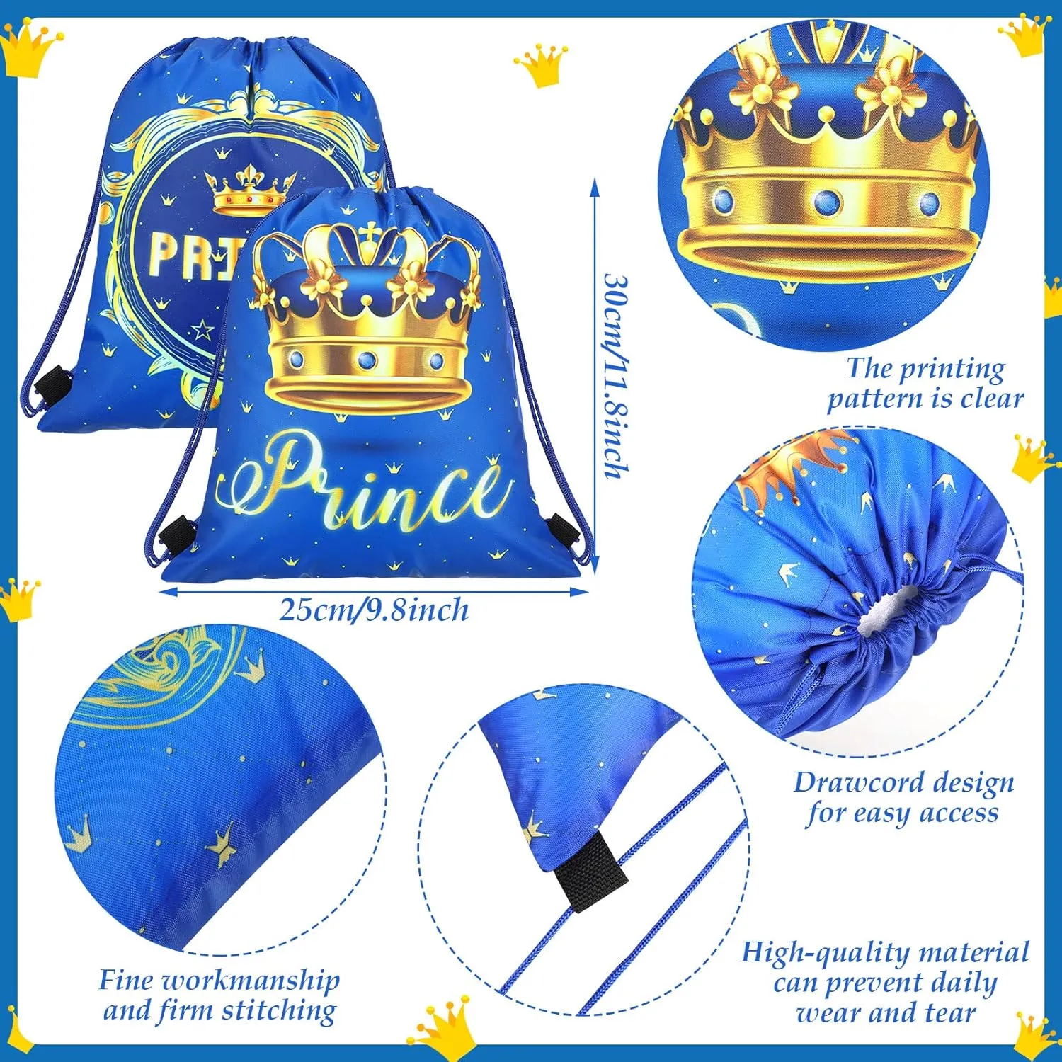 Sweetude 24 Pcs Prince Party Gifts Bags Prince Crown Blue Drawstring Bags Decoration Favor Storage for Boys Kids Birthday Wedding Party Decoration