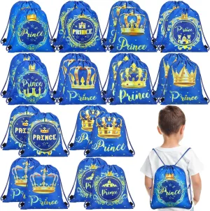 Sweetude 24 Pcs Prince Party Gifts Bags Prince Crown Blue Drawstring Bags Decoration Favor Storage for Boys Kids Birthday Wedding Party Decoration