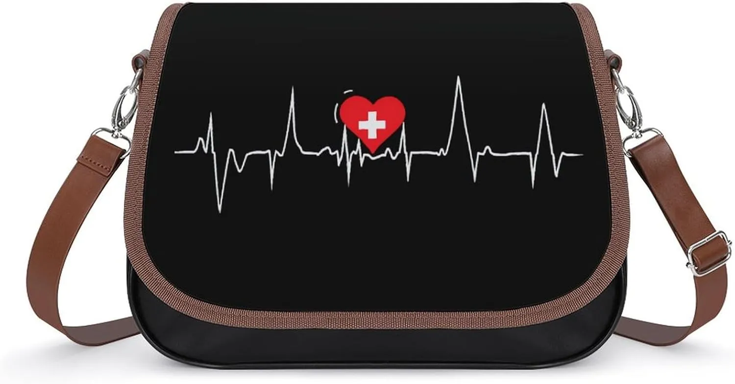 Switerland Heart Heartbeat Crossbody Bags for Women PU Leather Tote Bag Purse Shoulder Bag for Travel Office