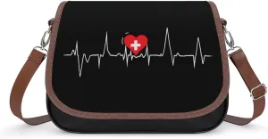 Switerland Heart Heartbeat Crossbody Bags for Women PU Leather Tote Bag Purse Shoulder Bag for Travel Office