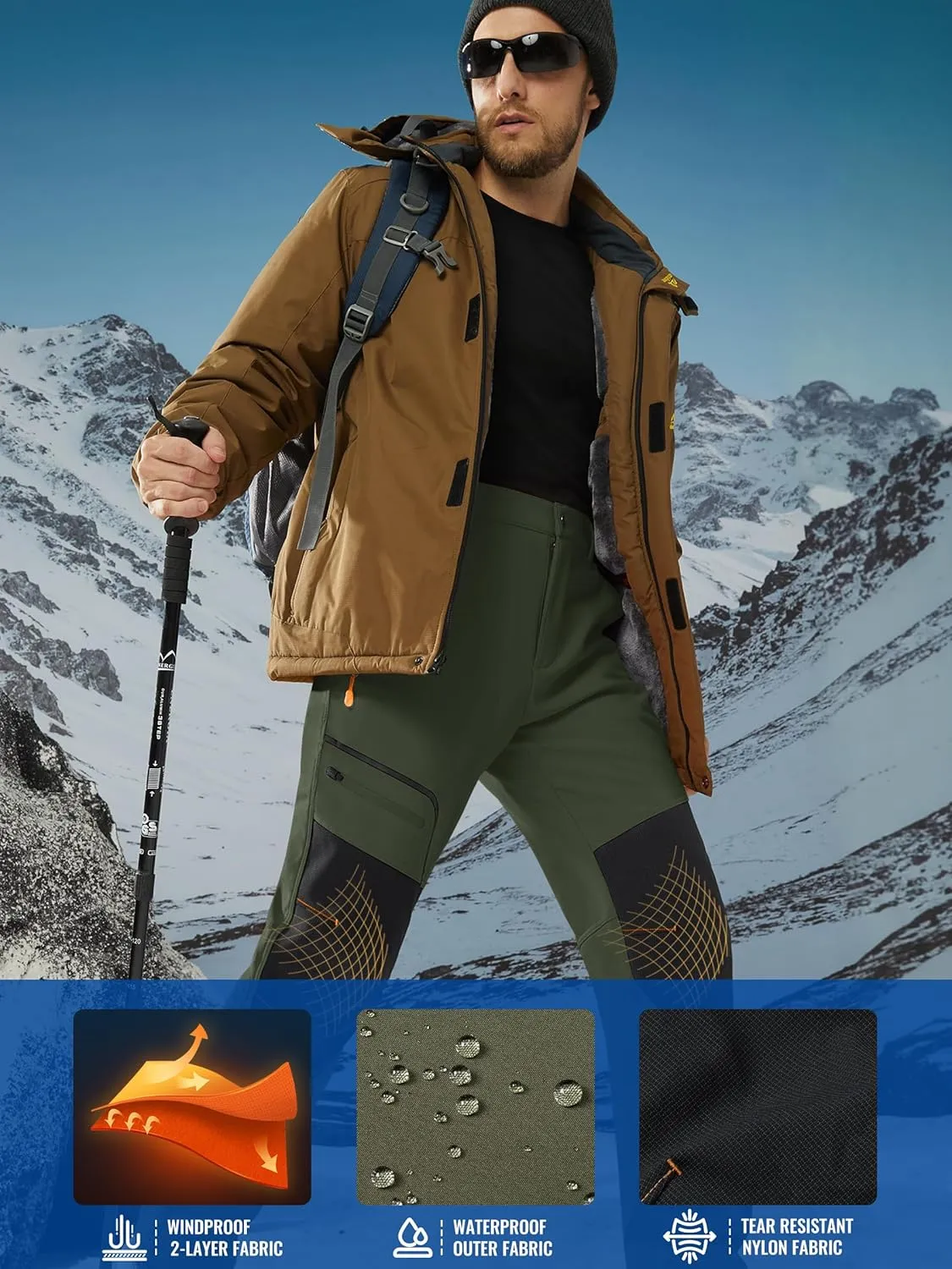 TACVASEN Men's Snow Ski Pants Fleece Lined Winter Hiking Pants Water Resistant Insulated Snowboard Work Outdoor