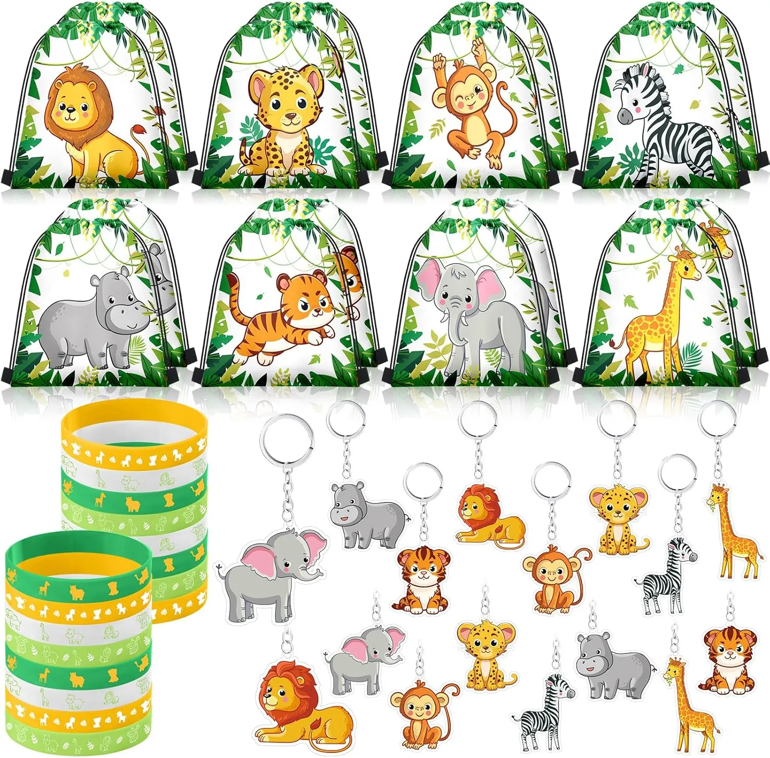 Talltalk 48 Pcs Animals Jungle Safari Party Favors with 16 Wild Animals Drawstring Backpack Goodie Bags Candy Treat Bag 16 Bracelet 16 Keychain for Zoo Wildlife Birthday Baby Shower Party