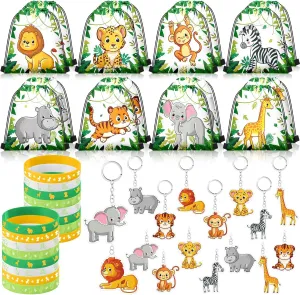 Talltalk 48 Pcs Animals Jungle Safari Party Favors with 16 Wild Animals Drawstring Backpack Goodie Bags Candy Treat Bag 16 Bracelet 16 Keychain for Zoo Wildlife Birthday Baby Shower Party