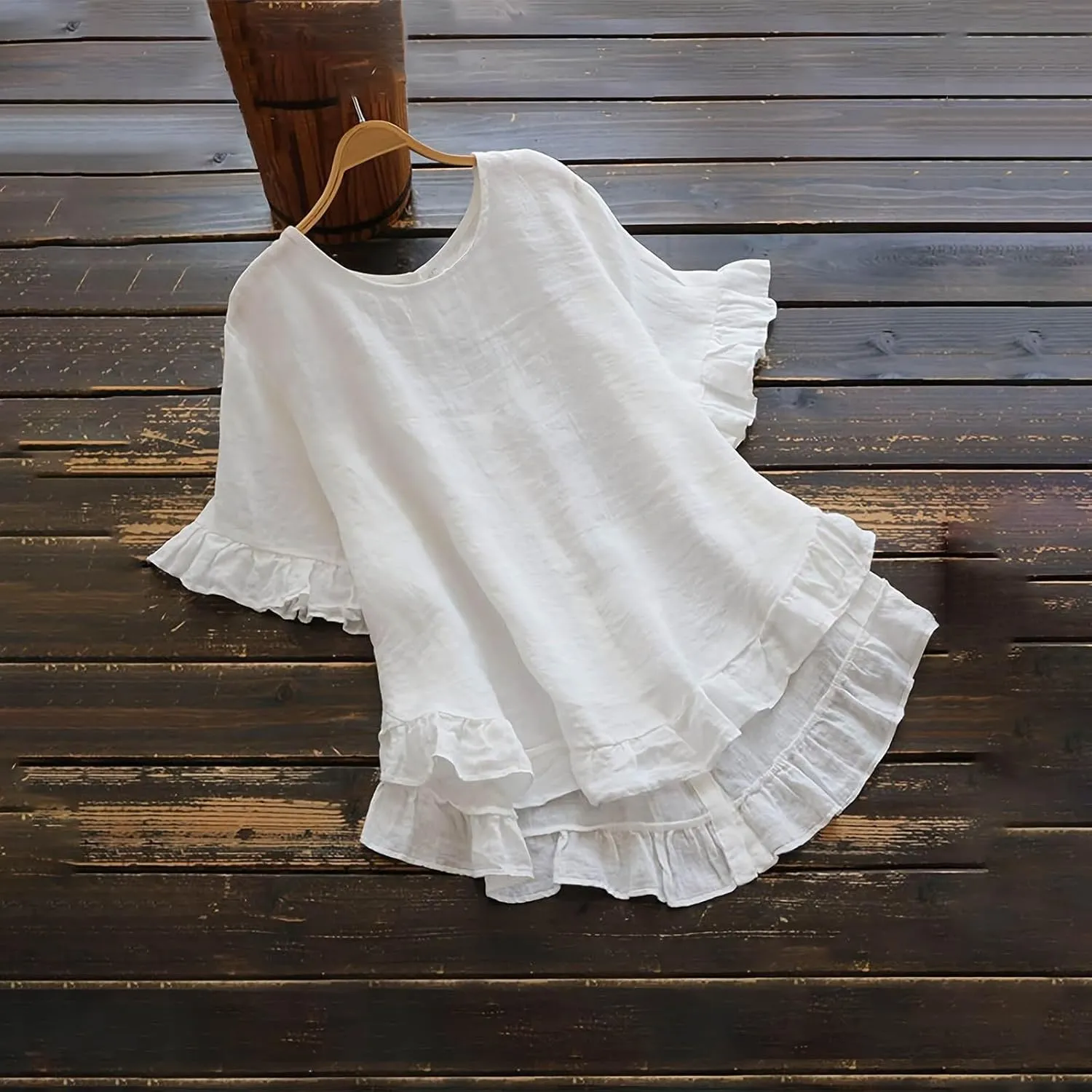 TANGNADE Women's Summer Ruffle Sleeve Linen Tunic Top Flowy Casual Loose Cute Plus Size Work Blouse Shirts Trendy Clothes