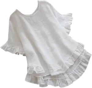 TANGNADE Women's Summer Ruffle Sleeve Linen Tunic Top Flowy Casual Loose Cute Plus Size Work Blouse Shirts Trendy Clothes