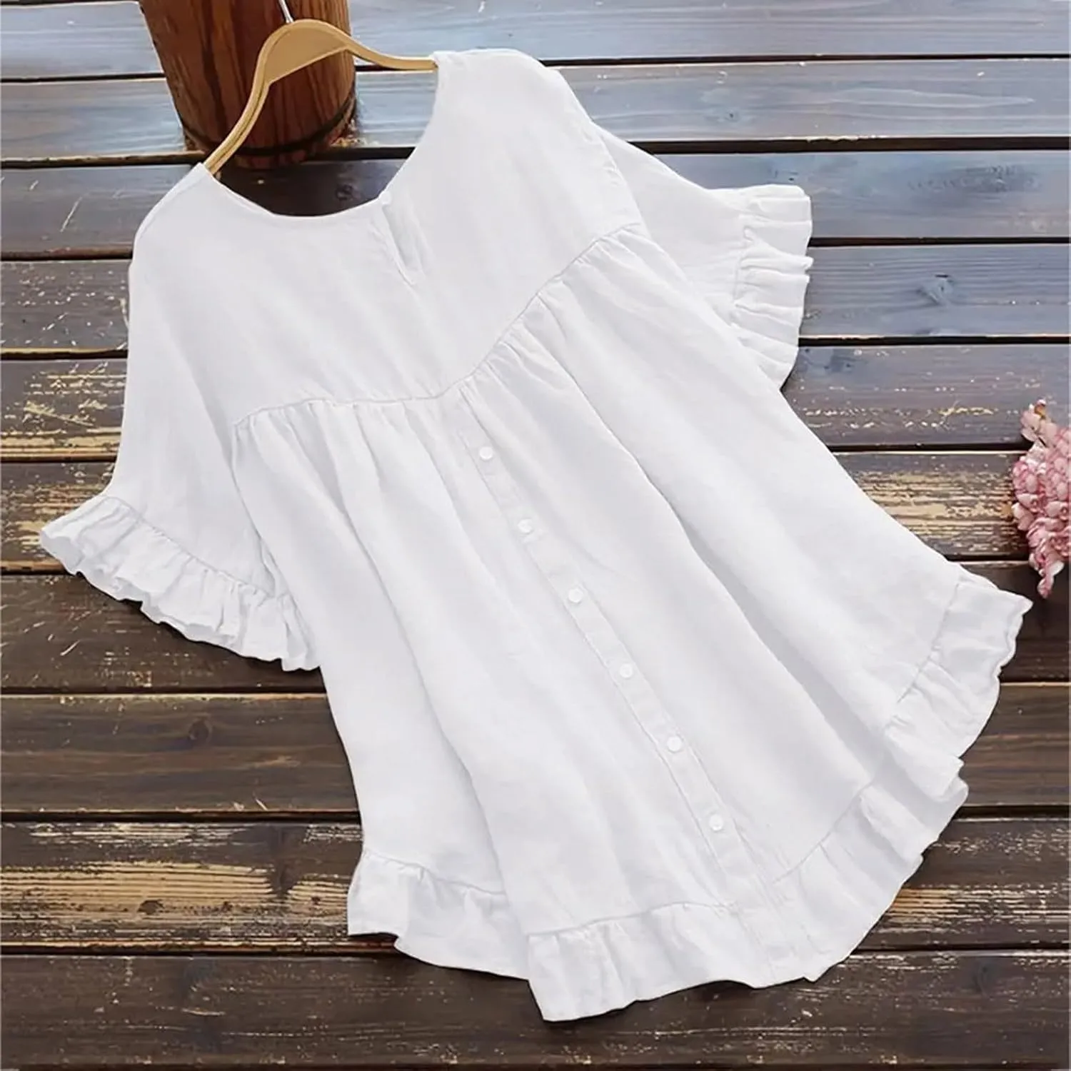 TANGNADE Women's Summer Ruffle Sleeve Linen Tunic Top Flowy Casual Loose Cute Plus Size Work Blouse Shirts Trendy Clothes