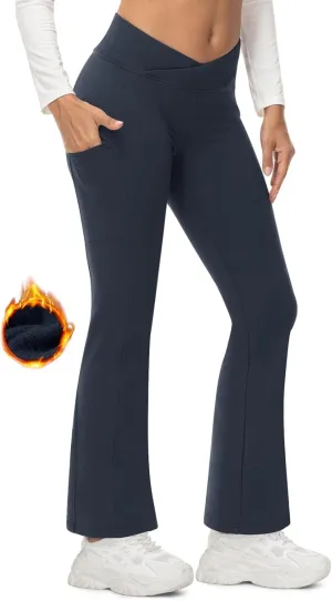 TBMPOY Women's Flare Fleece Lined Pants Bootcut Hiking Crossover Yoga Legging Winter Warm Thermal Outdoor