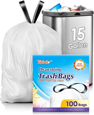Teivio 15 Gallon 100 Counts Strong Tall Kitchen Drawstring Trash Bags, Medium Plastic Garbage Bags for Home Kitchen Garden Office Tall Trash Can, White Waste Bin Liners