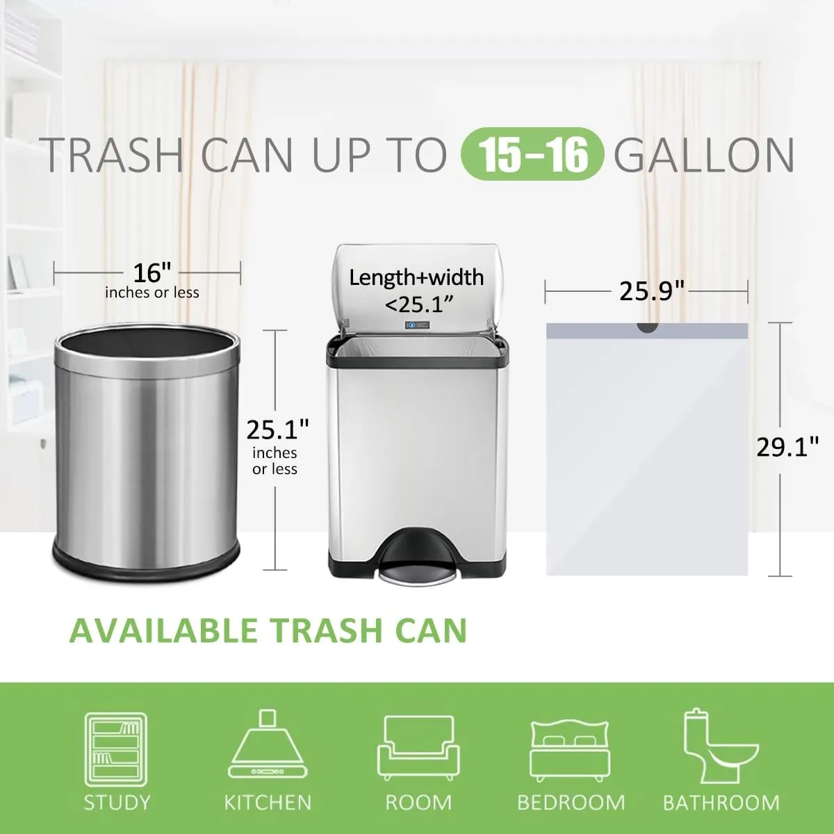 Teivio 15 Gallon 100 Counts Strong Tall Kitchen Drawstring Trash Bags, Medium Plastic Garbage Bags for Home Kitchen Garden Office Tall Trash Can, White Waste Bin Liners