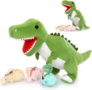 Tezituor Giant Dinosaur Stuffed Animal 23.6'' Big T-Rex Mommy Dinosaur Plush Toy with 3 Cute Baby Dinosaurs & 3 Egg Bags Inside its Zippered Tummy for Boys Girls