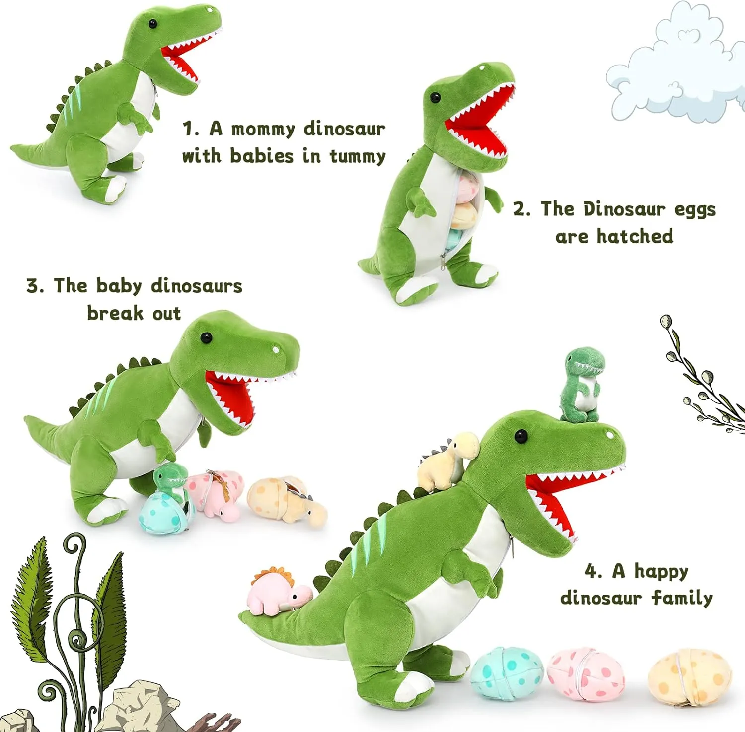 Tezituor Giant Dinosaur Stuffed Animal 23.6'' Big T-Rex Mommy Dinosaur Plush Toy with 3 Cute Baby Dinosaurs & 3 Egg Bags Inside its Zippered Tummy for Boys Girls