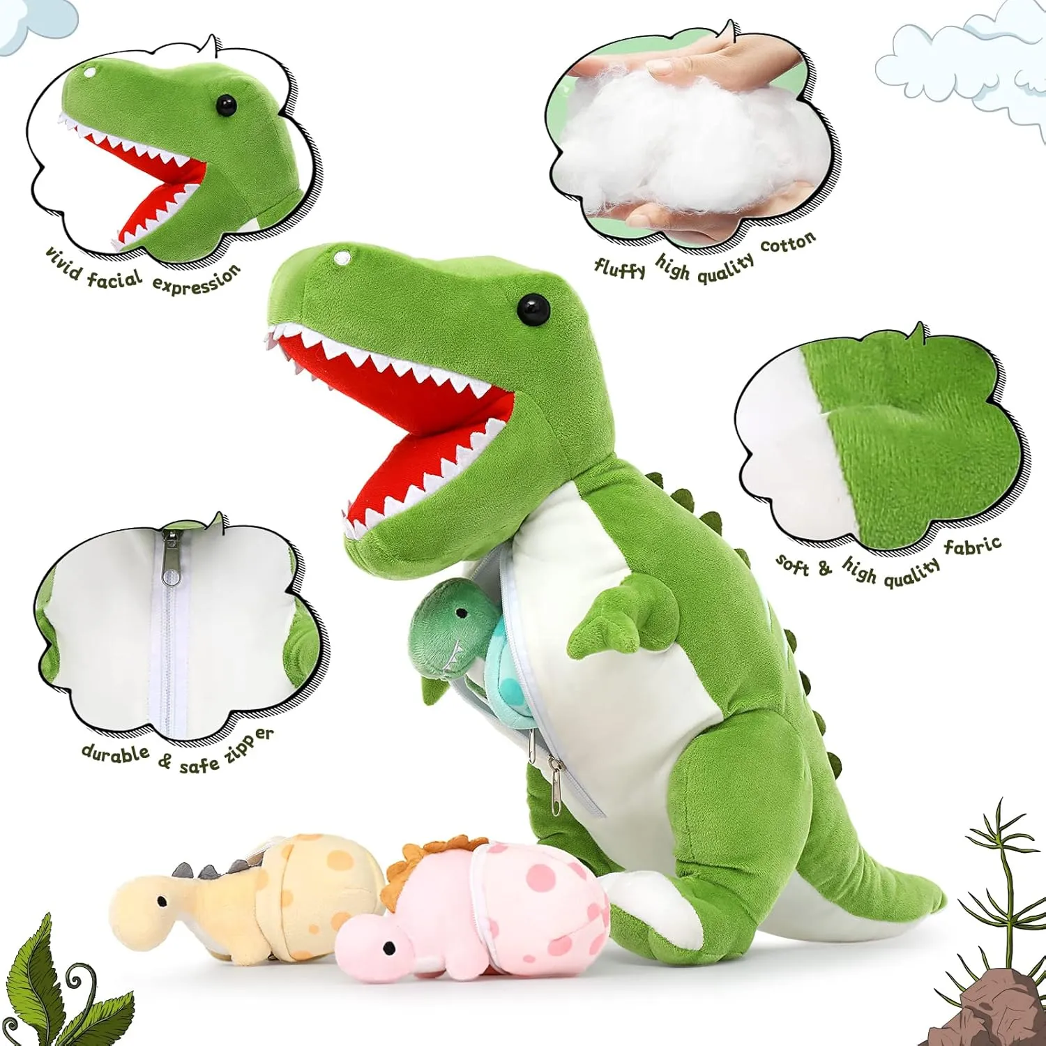 Tezituor Giant Dinosaur Stuffed Animal 23.6'' Big T-Rex Mommy Dinosaur Plush Toy with 3 Cute Baby Dinosaurs & 3 Egg Bags Inside its Zippered Tummy for Boys Girls