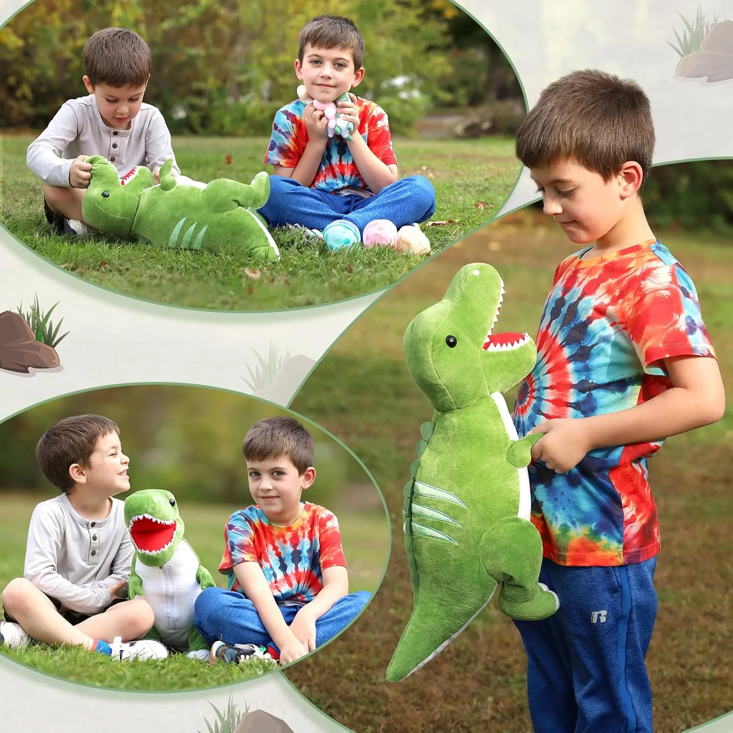 Tezituor Giant Dinosaur Stuffed Animal 23.6'' Big T-Rex Mommy Dinosaur Plush Toy with 3 Cute Baby Dinosaurs & 3 Egg Bags Inside its Zippered Tummy for Boys Girls