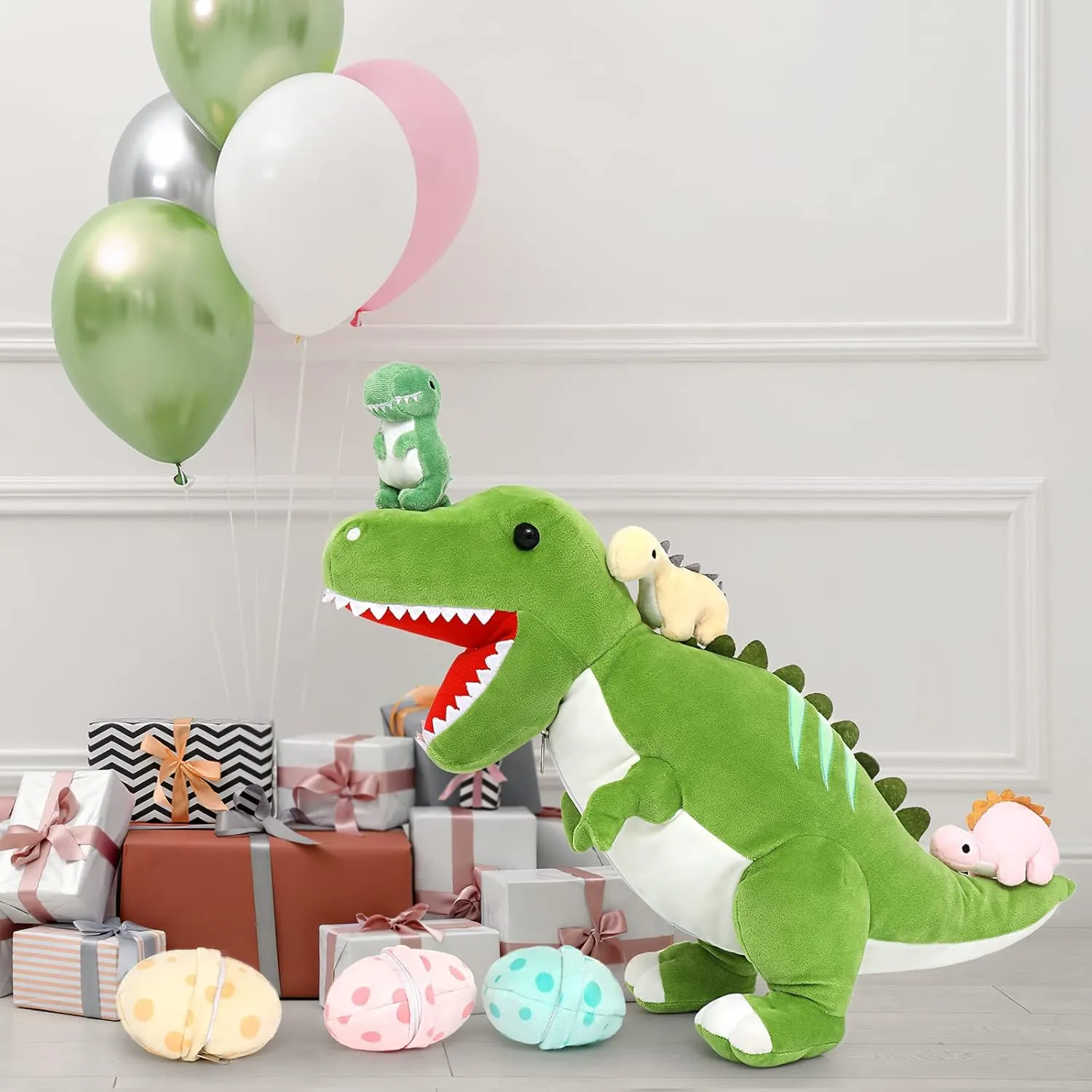 Tezituor Giant Dinosaur Stuffed Animal 23.6'' Big T-Rex Mommy Dinosaur Plush Toy with 3 Cute Baby Dinosaurs & 3 Egg Bags Inside its Zippered Tummy for Boys Girls