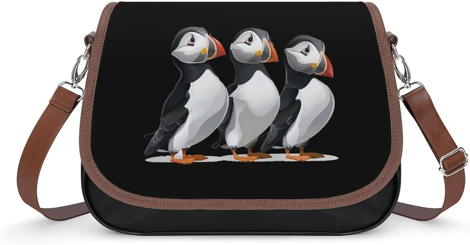 Three Puffin Bird Crossbody Bags for Women PU Leather Tote Bag Purse Shoulder Bag for Travel Office