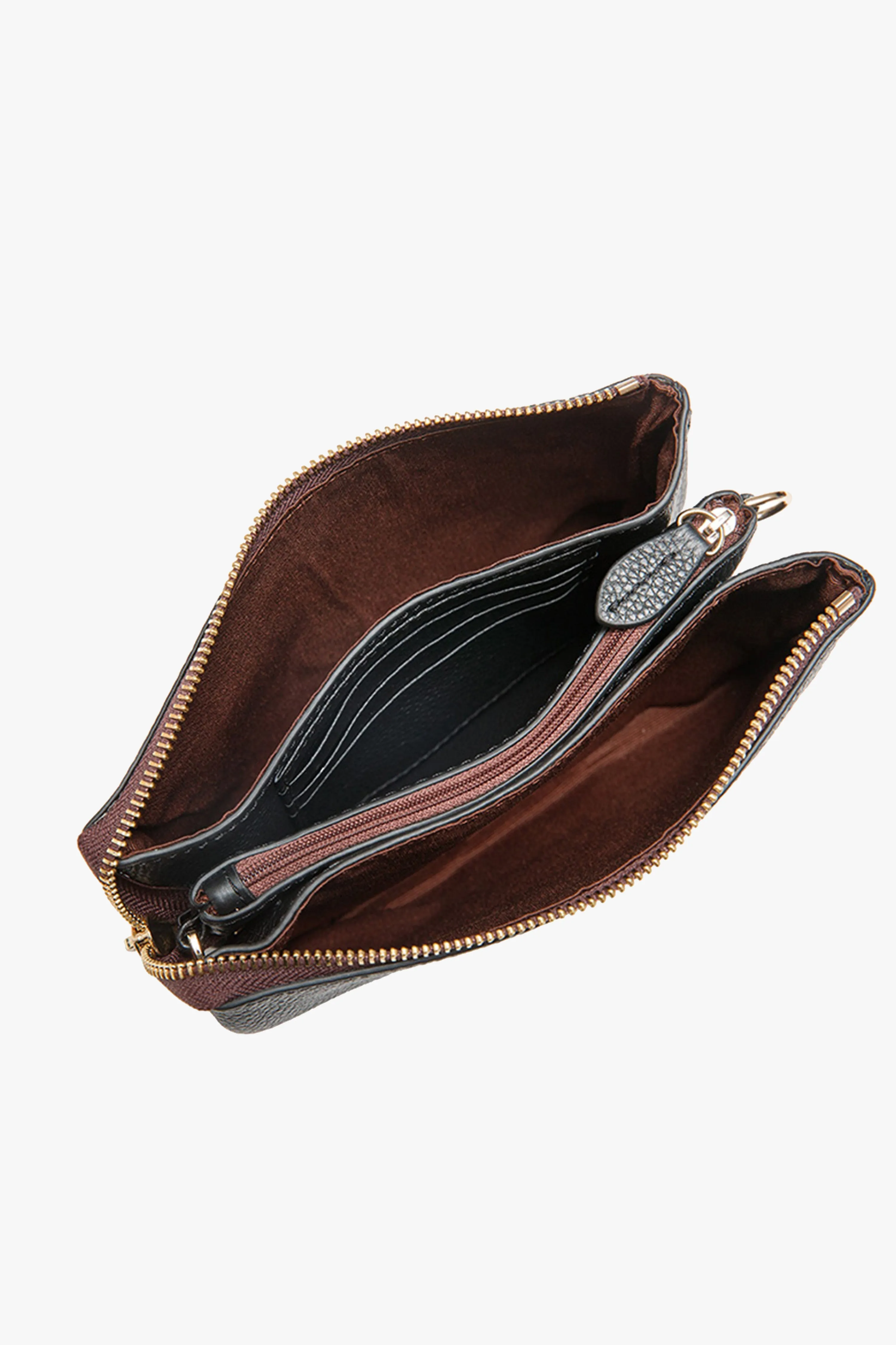 Tilly Multi Pocket Black Leather Crossbody Clutch