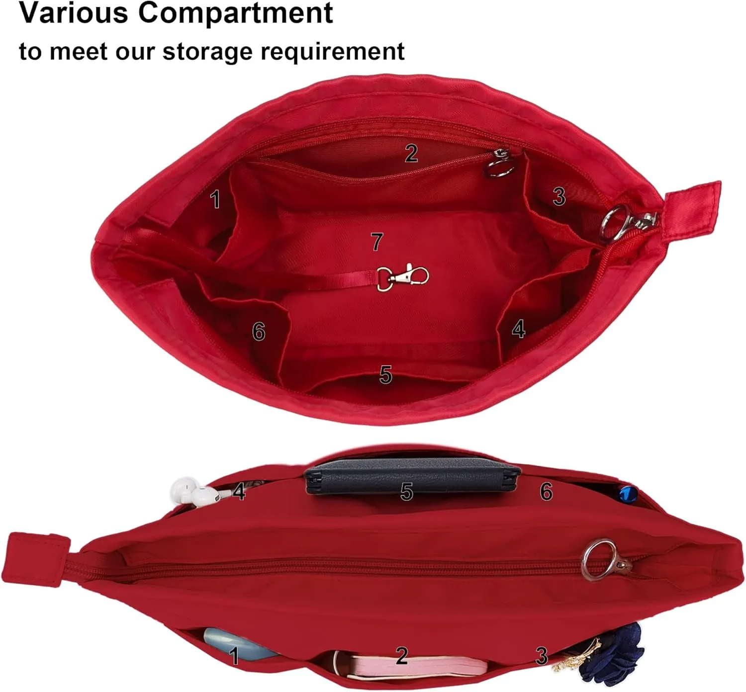 Time Wing Purse Organizer Insert Tote Handbag Organizer Divider Bag in Bag Shaper Liner Multi Pockets Compartments Zippers Key Chain Large Red