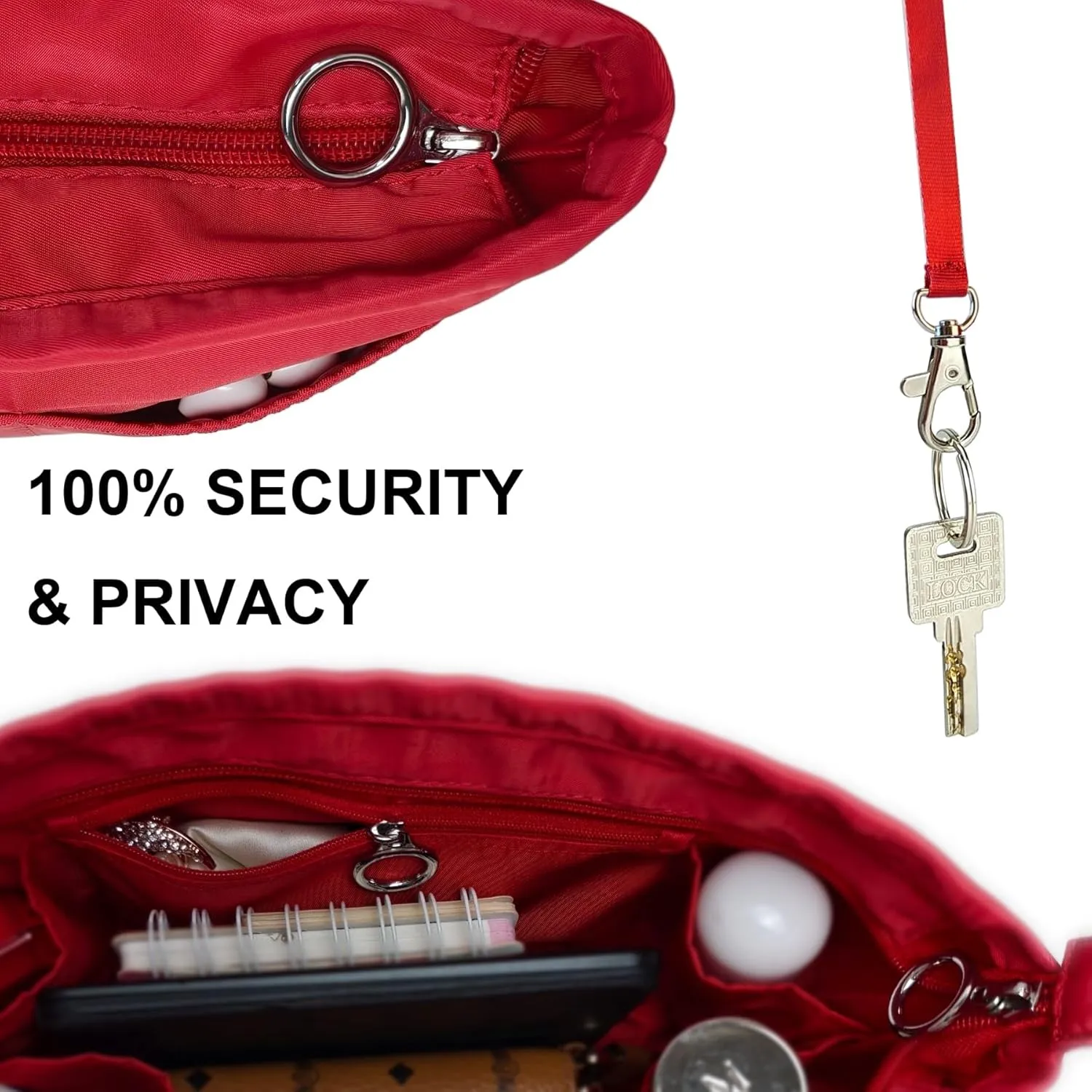 Time Wing Purse Organizer Insert Tote Handbag Organizer Divider Bag in Bag Shaper Liner Multi Pockets Compartments Zippers Key Chain Large Red