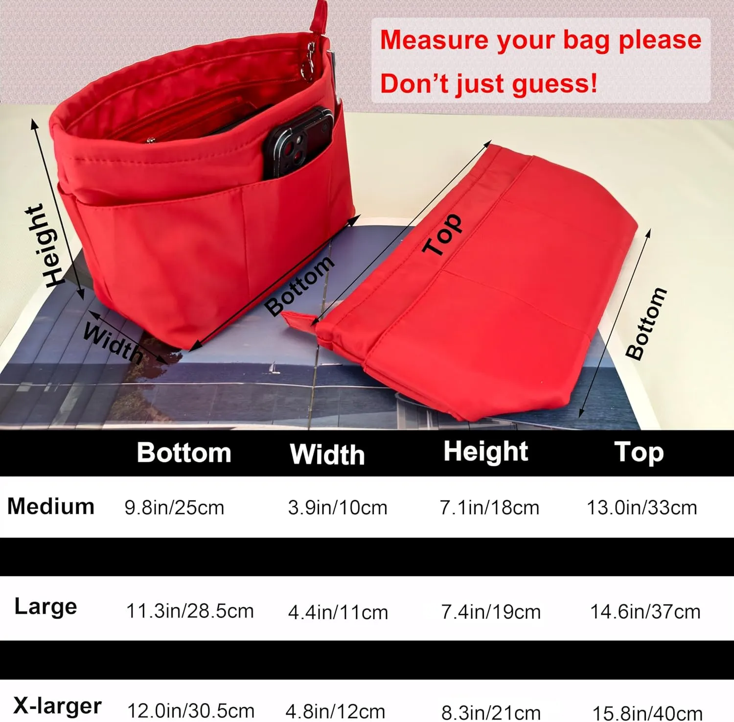 Time Wing Purse Organizer Insert Tote Handbag Organizer Divider Bag in Bag Shaper Liner Multi Pockets Compartments Zippers Key Chain Large Red