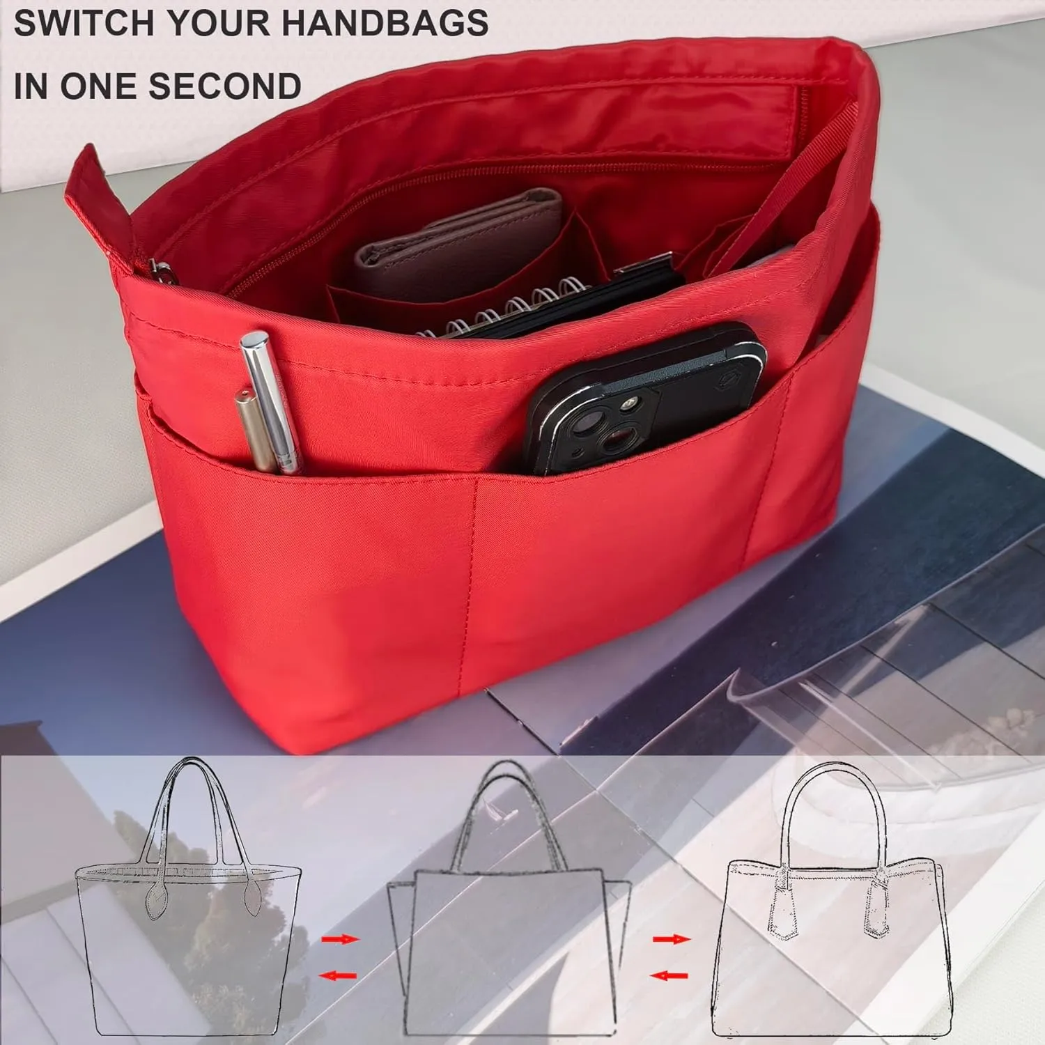 Time Wing Purse Organizer Insert Tote Handbag Organizer Divider Bag in Bag Shaper Liner Multi Pockets Compartments Zippers Key Chain Large Red