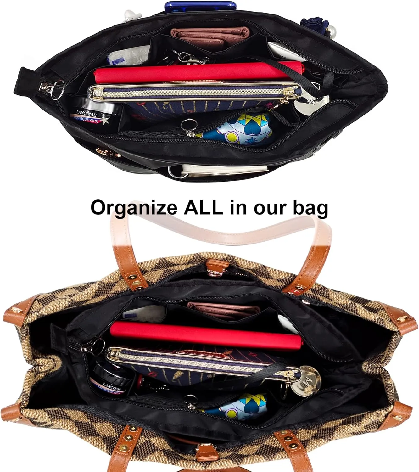 Time Wing Purse Organizer Insert Tote Handbag Organizer Divider Bag in Bag Shaper Liner Multi Pockets Compartments Zippers Key Chain Medium Black