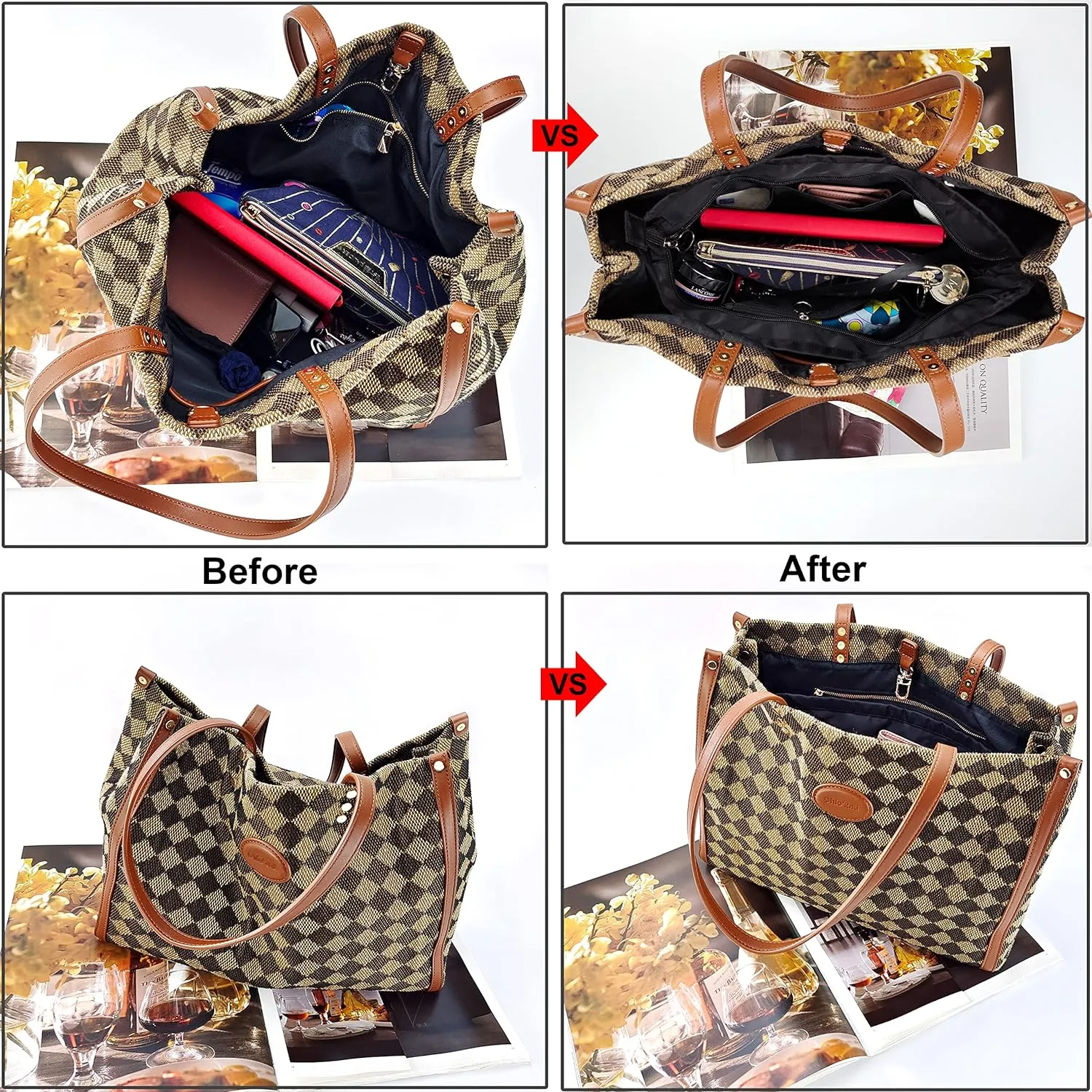 Time Wing Purse Organizer Insert Tote Handbag Organizer Divider Bag in Bag Shaper Liner Multi Pockets Compartments Zippers Key Chain Medium Black