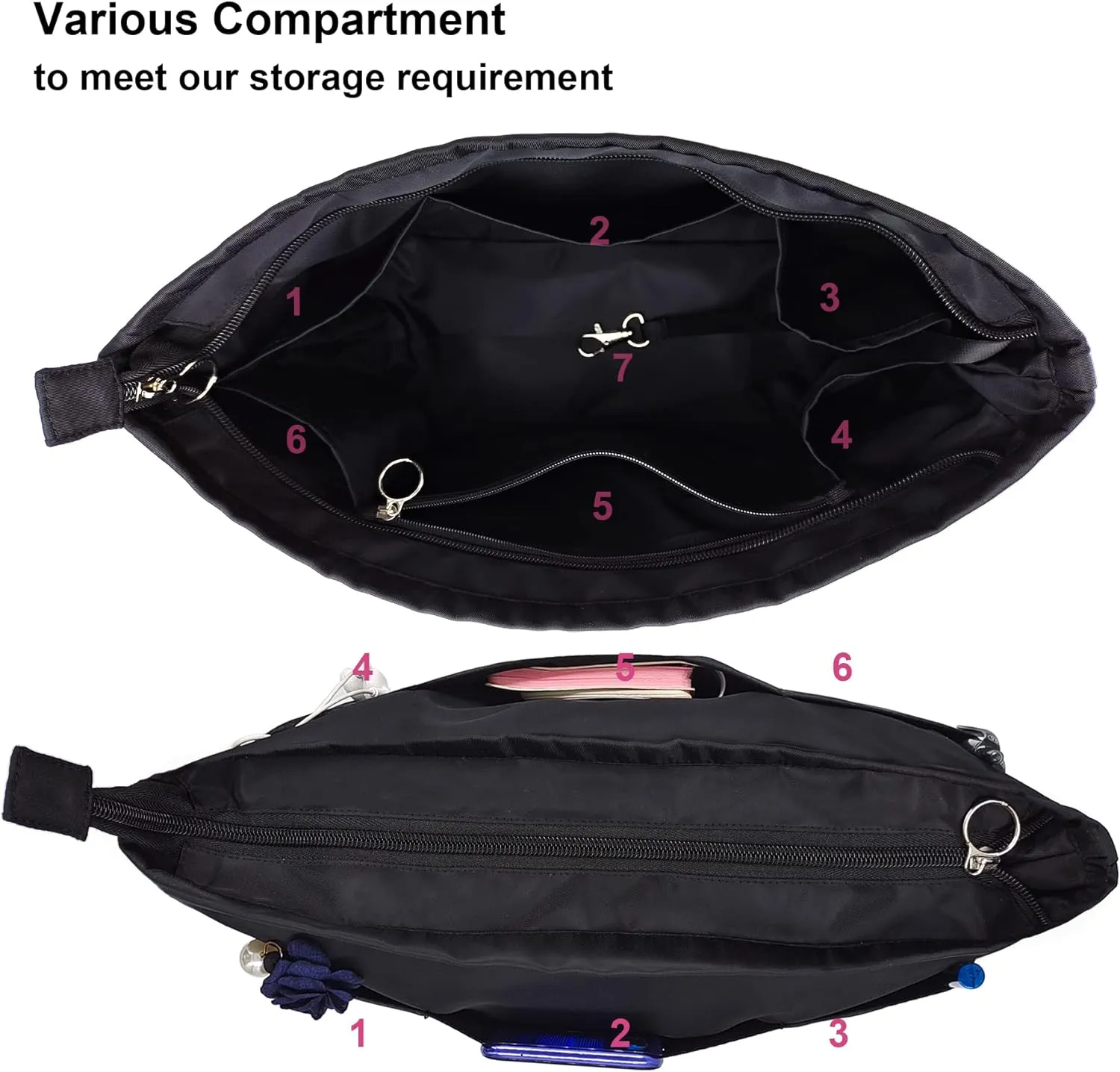 Time Wing Purse Organizer Insert Tote Handbag Organizer Divider Bag in Bag Shaper Liner Multi Pockets Compartments Zippers Key Chain Medium Black