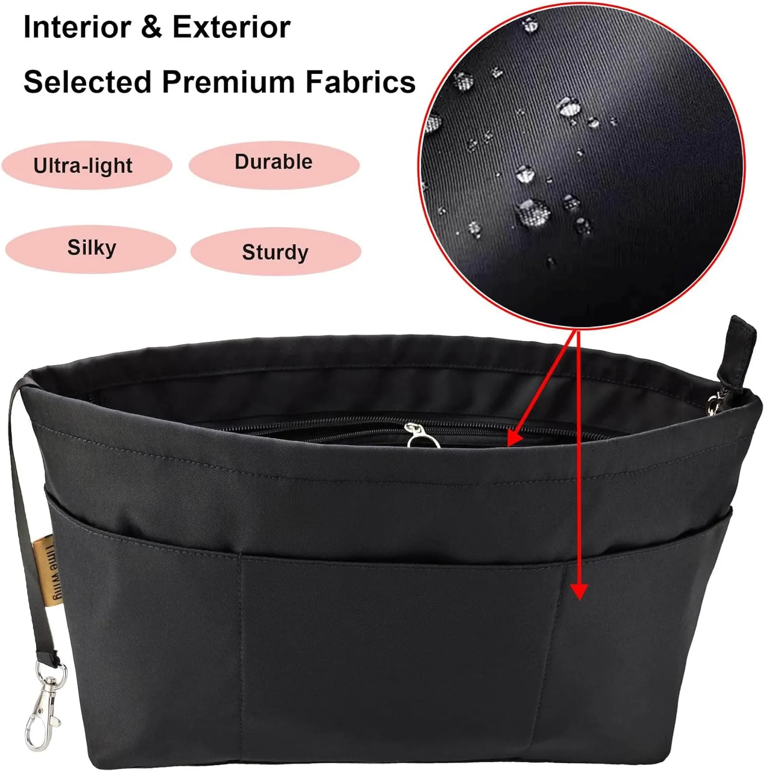Time Wing Purse Organizer Insert Tote Handbag Organizer Divider Bag in Bag Shaper Liner Multi Pockets Compartments Zippers Key Chain Medium Black