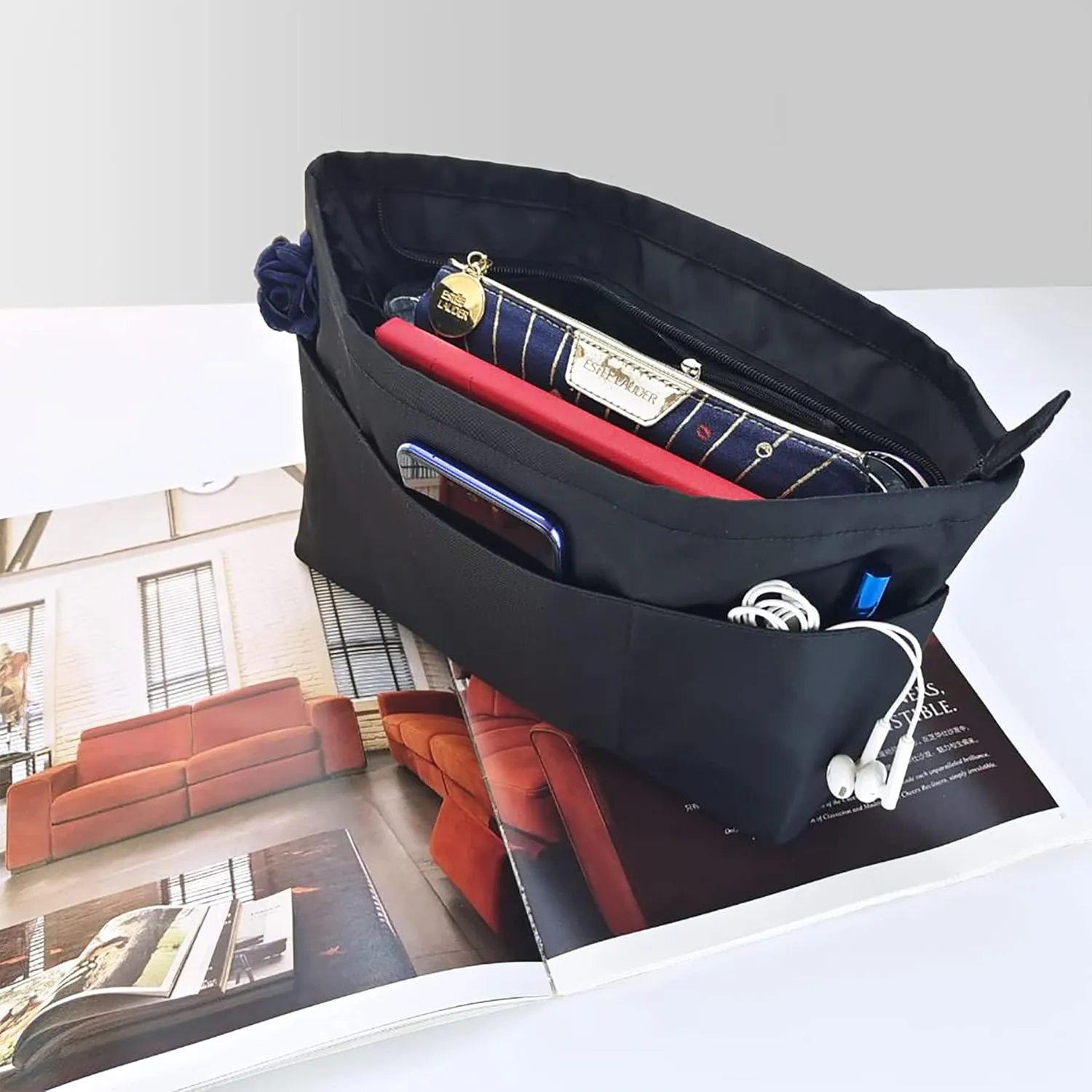 Time Wing Purse Organizer Insert Tote Handbag Organizer Divider Bag in Bag Shaper Liner Multi Pockets Compartments Zippers Key Chain Medium Black