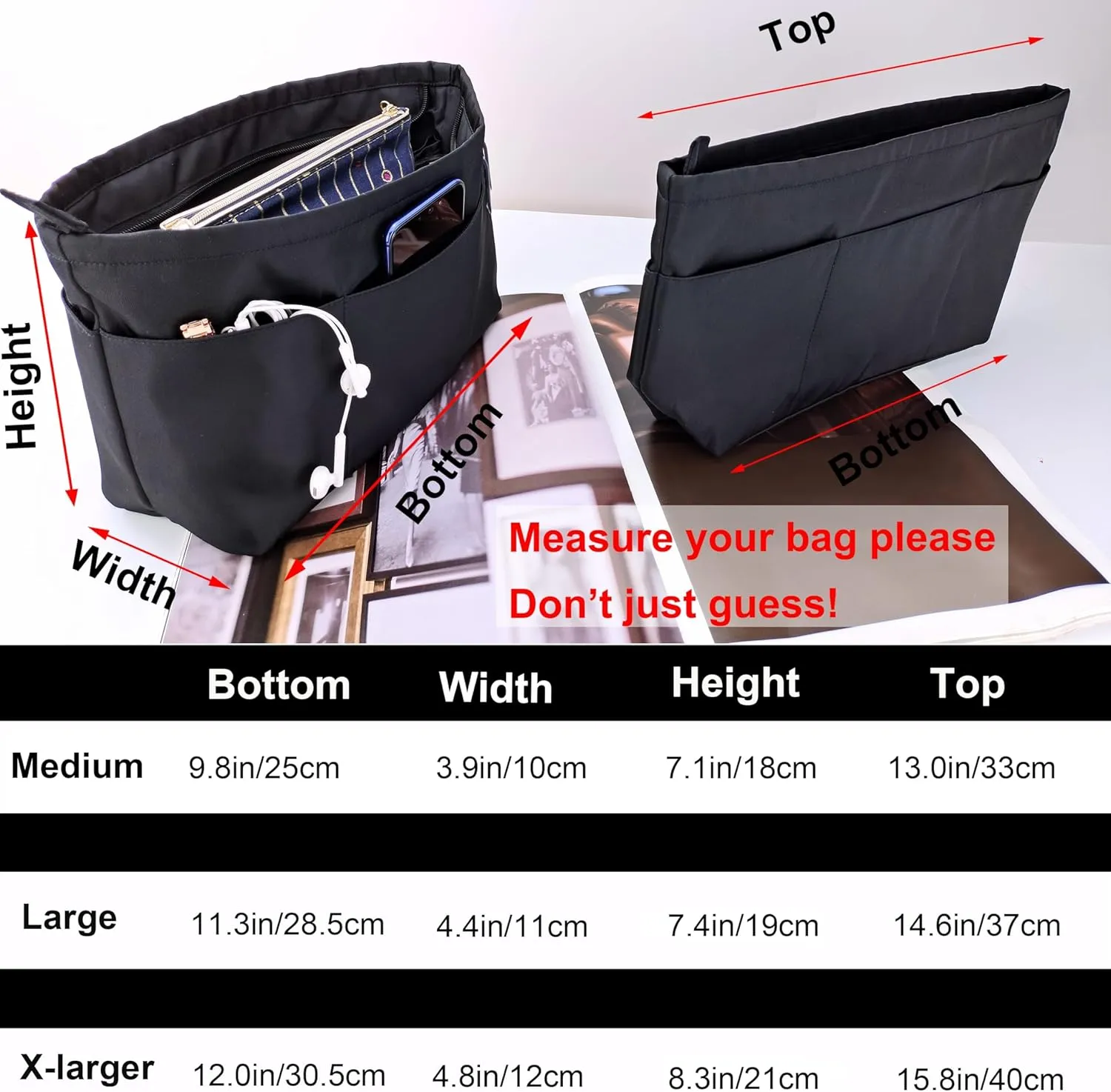 Time Wing Purse Organizer Insert Tote Handbag Organizer Divider Bag in Bag Shaper Liner Multi Pockets Compartments Zippers Key Chain Medium Black