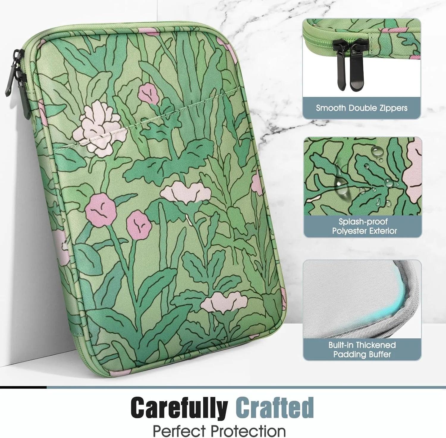 TiMOVO 8-9 Inch Tablet Sleeve Case for All-New iPad Mini 7 (A17 Pro, 2024), iPad Mini 6 (8.3-Inch, 2021), iPad Mini 5/4/3/2/1, Portable Protective Pouch Bag for iPad Mini, Green Flower