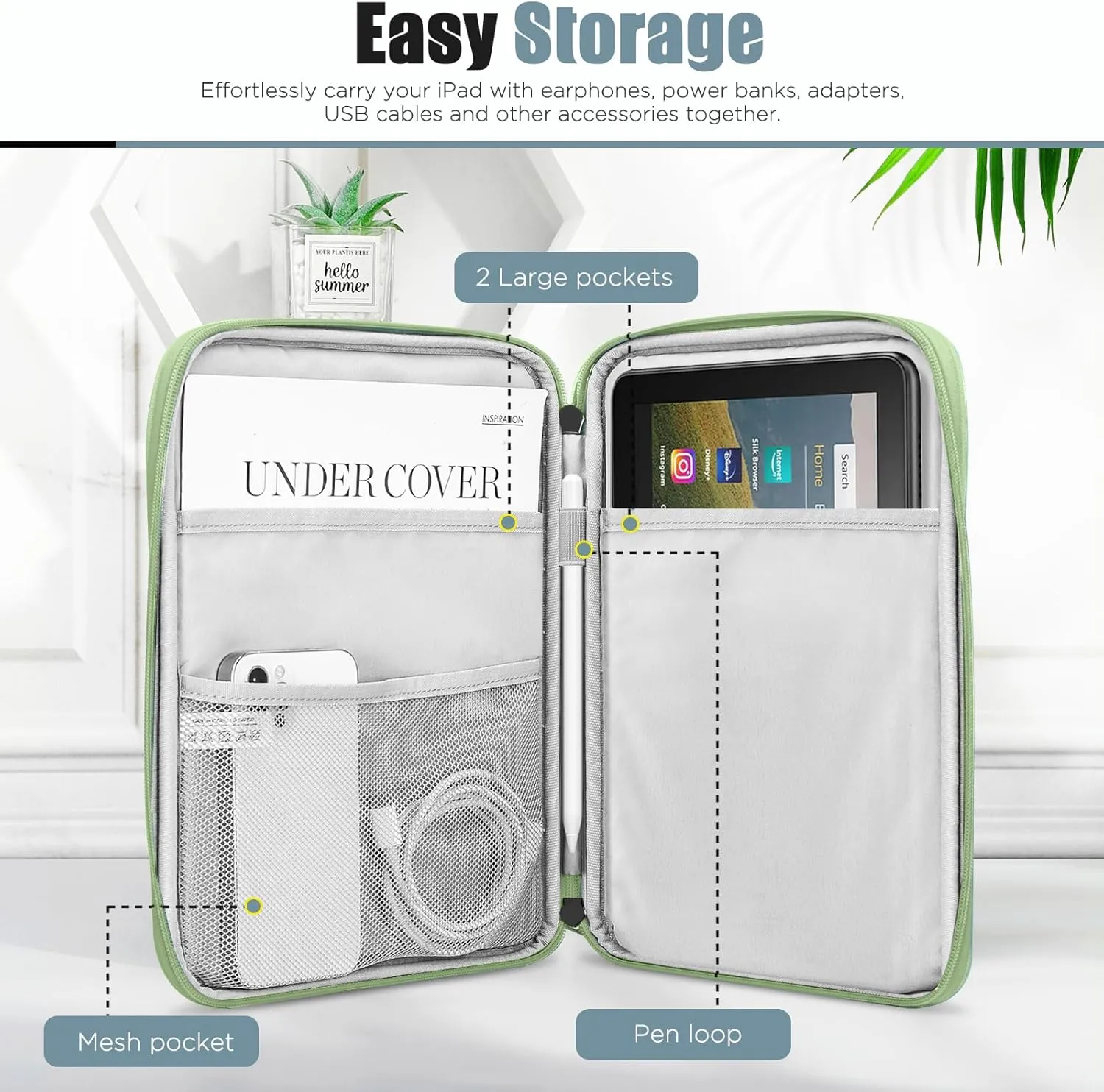 TiMOVO 8-9 Inch Tablet Sleeve Case for All-New iPad Mini 7 (A17 Pro, 2024), iPad Mini 6 (8.3-Inch, 2021), iPad Mini 5/4/3/2/1, Portable Protective Pouch Bag for iPad Mini, Green Flower