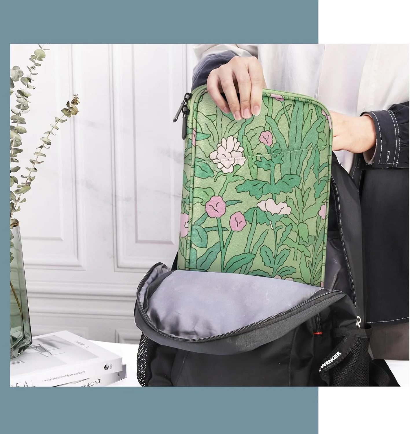 TiMOVO 8-9 Inch Tablet Sleeve Case for All-New iPad Mini 7 (A17 Pro, 2024), iPad Mini 6 (8.3-Inch, 2021), iPad Mini 5/4/3/2/1, Portable Protective Pouch Bag for iPad Mini, Green Flower