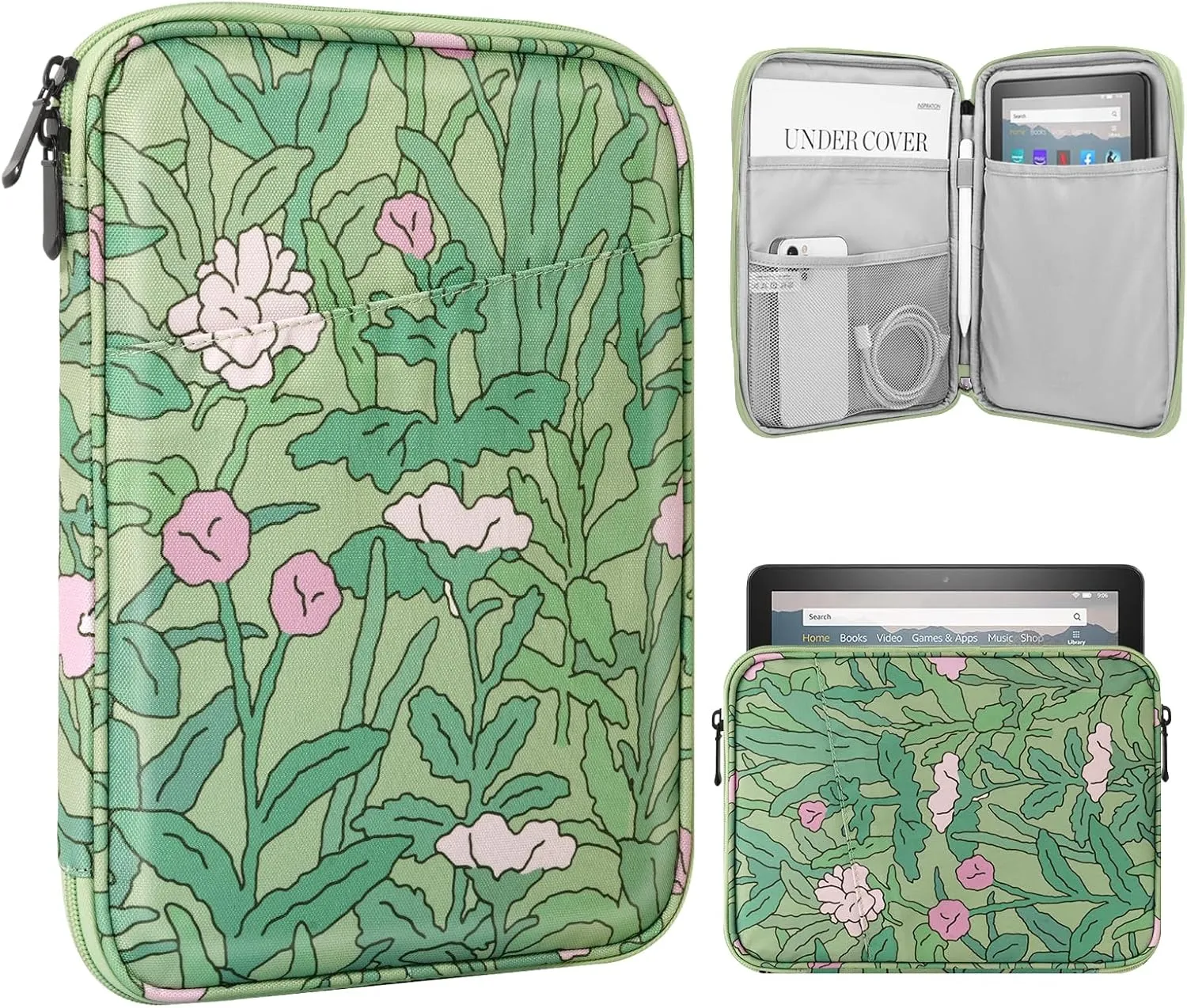 TiMOVO 8-9 Inch Tablet Sleeve Case for All-New iPad Mini 7 (A17 Pro, 2024), iPad Mini 6 (8.3-Inch, 2021), iPad Mini 5/4/3/2/1, Portable Protective Pouch Bag for iPad Mini, Green Flower