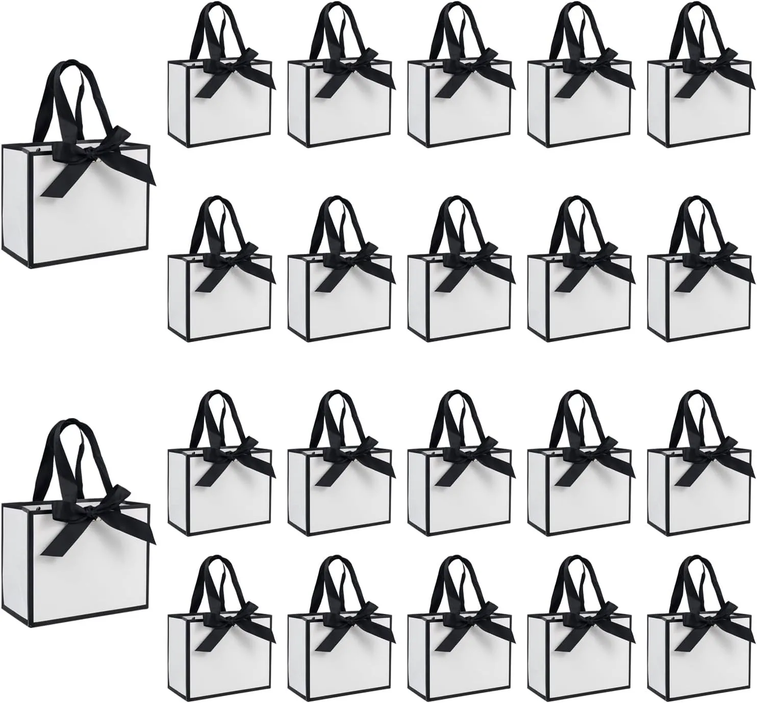 TKSBAG 50 PCS Small White Black Gift Bags with Handles, 6.4 * 3.1 * 5.1 Inch Thank You Bags with Bow Ribbon for Baby Shower, Bridal Shower, Wedding, Mother's Day, Party Favors
